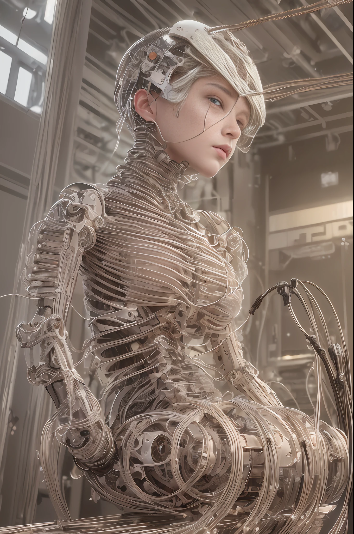 (((masterpiece))), (((best quality))), ((ultra-detailed)), (highly detailed CG illustration), ((an extremely delicate and beautiful)),(cute delicate face),cinematic light,((1mechanical girl)),solo,full body,(machine made joints:1.4),((machanical limbs)),(blood vessels connected to tubes),((mechanical vertebra attaching to back)),((mechanical cervial attaching to neck)),((sitting)),expressionless,(wires and cables attaching to head and body:1.5),(character focus),science fiction