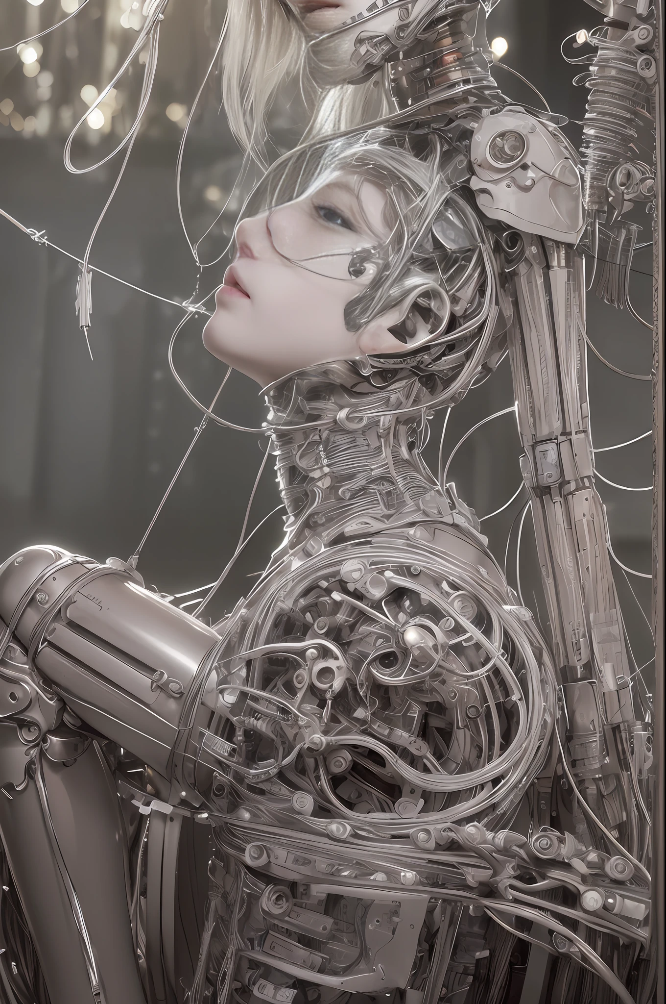 (((masterpiece))), (((best quality))), ((ultra-detailed)), (highly detailed CG illustration), ((an extremely delicate and beautiful)),(cute delicate face),cinematic light,((1mechanical girl)),solo,full body,(machine made joints:1.4),((machanical limbs)),(blood vessels connected to tubes),((mechanical vertebra attaching to back)),((mechanical cervial attaching to neck)),((sitting)),expressionless,(wires and cables attaching to head and body:1.5),(character focus),science fiction