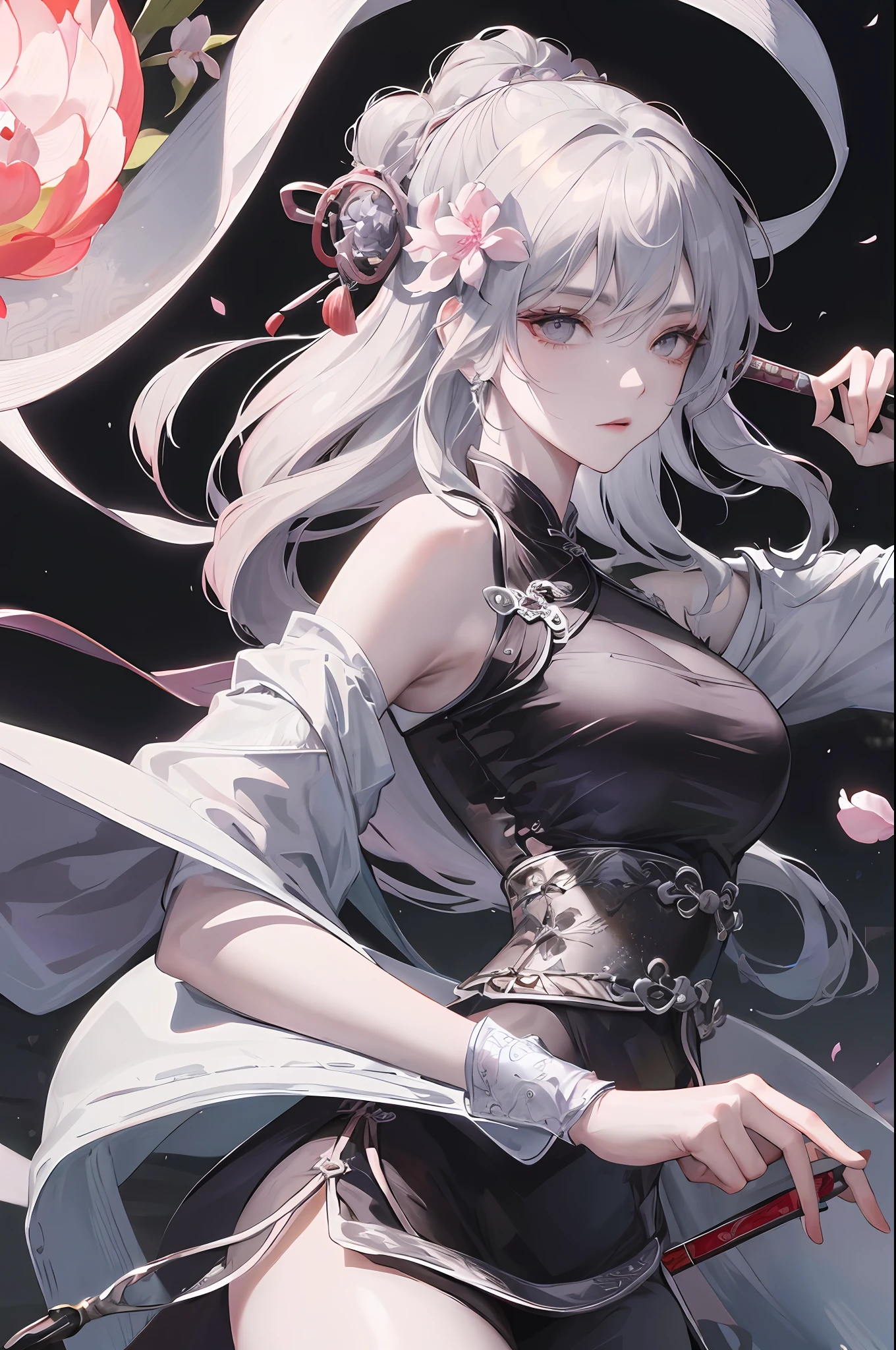 Masterpiece, Best, Night, Full Moon, 1 Female, Mature Woman, Chinese Style, Ancient China, Elder Sister, Royal Sister, Cold Face, Expressionless, Silver White Long Haired Woman, Pale Pink Lips, Calm, Intellectual, Three Belts, Gray Hitomi, assassin, dagger, flower ball background, street view