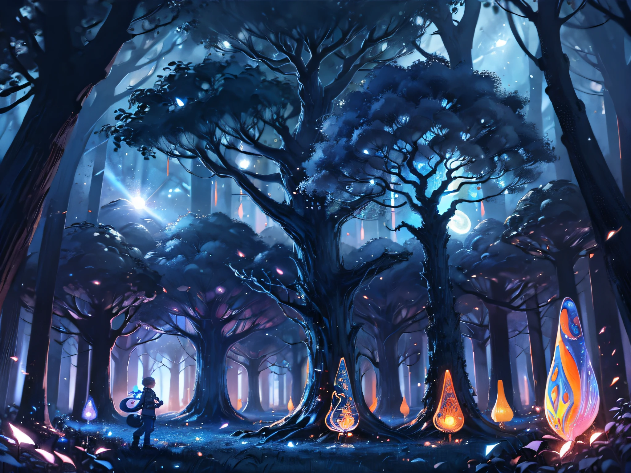 In a scene of best quality, masterpiece, 8k, and ultra detailed, at night time, with (the blue moon:1.3) shining the forest and a long shot, 50mm lens, BREAK (a boy:1.6) and (a psychedelic swaying tree:1.7) are talking in (a forest:1.6). BREAK The psychedelic tree is dancing and its body is (swaying:1.4).