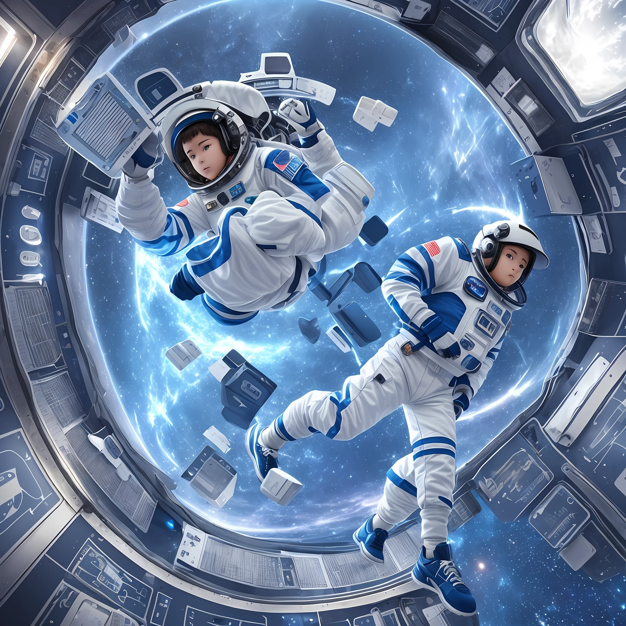 A junior high school student, wearing astronaut clothes with a stylish hat, Nike shoes, in a space capsule, full of technology blue tone background cute IP bubble mart style high quality 3D render 8k --auto --s2