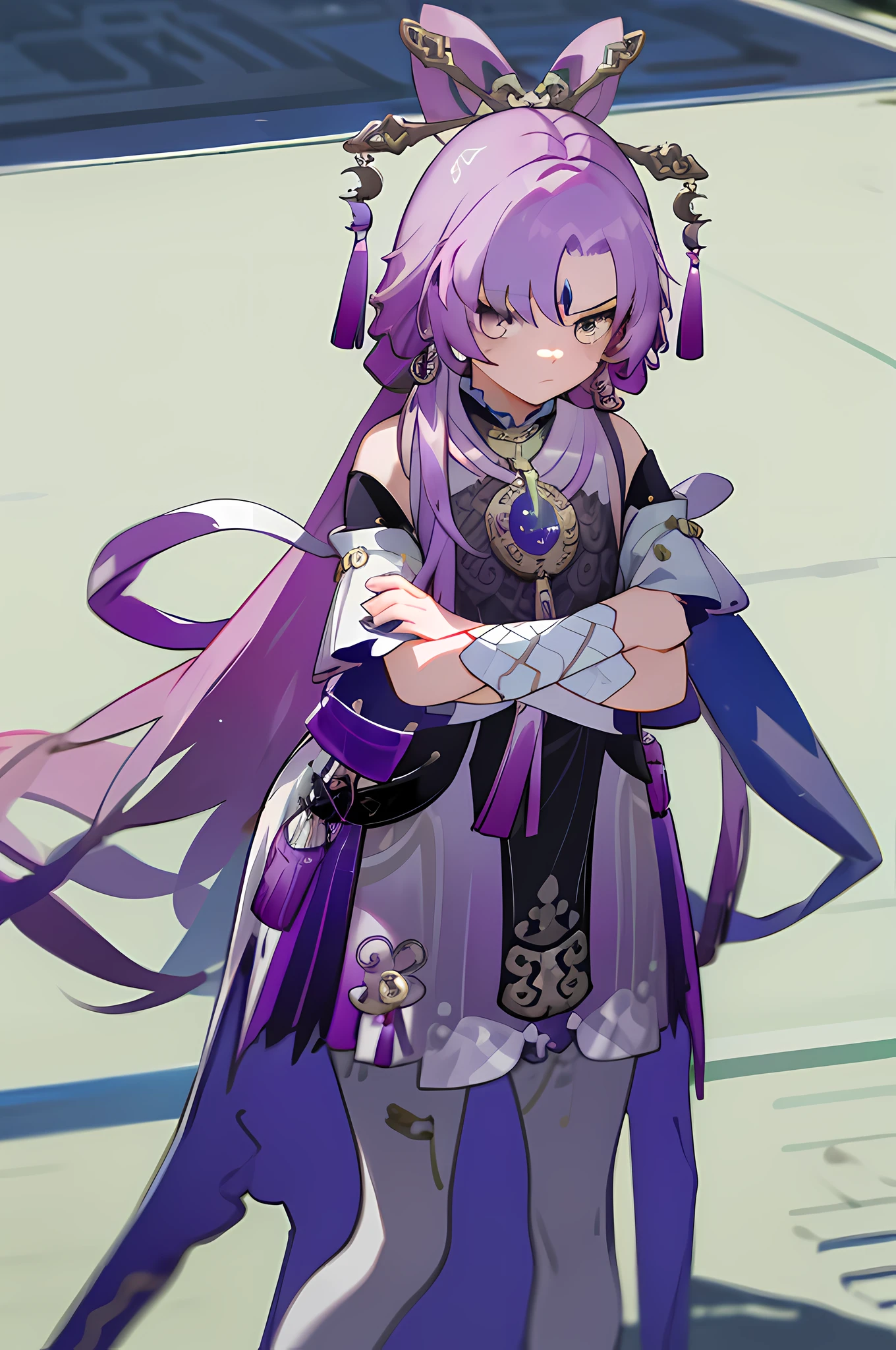 ((masterpiece,best quality)), highres, 1girl, fuxuan, crossed arms, standing, leaning forward, unhappy,