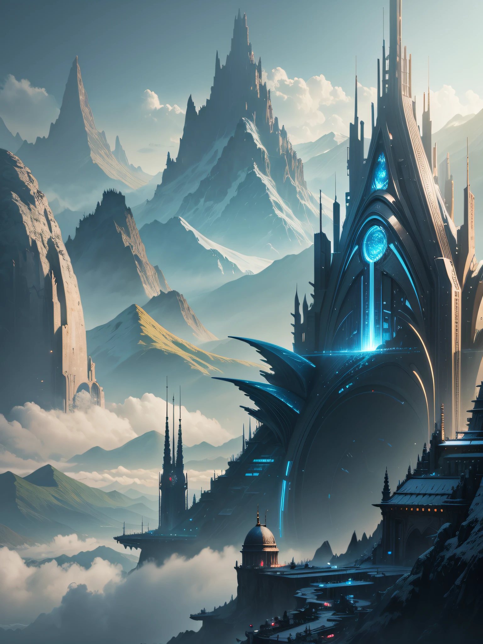 futuristic city, fantasy, 23rd century, England, mountains