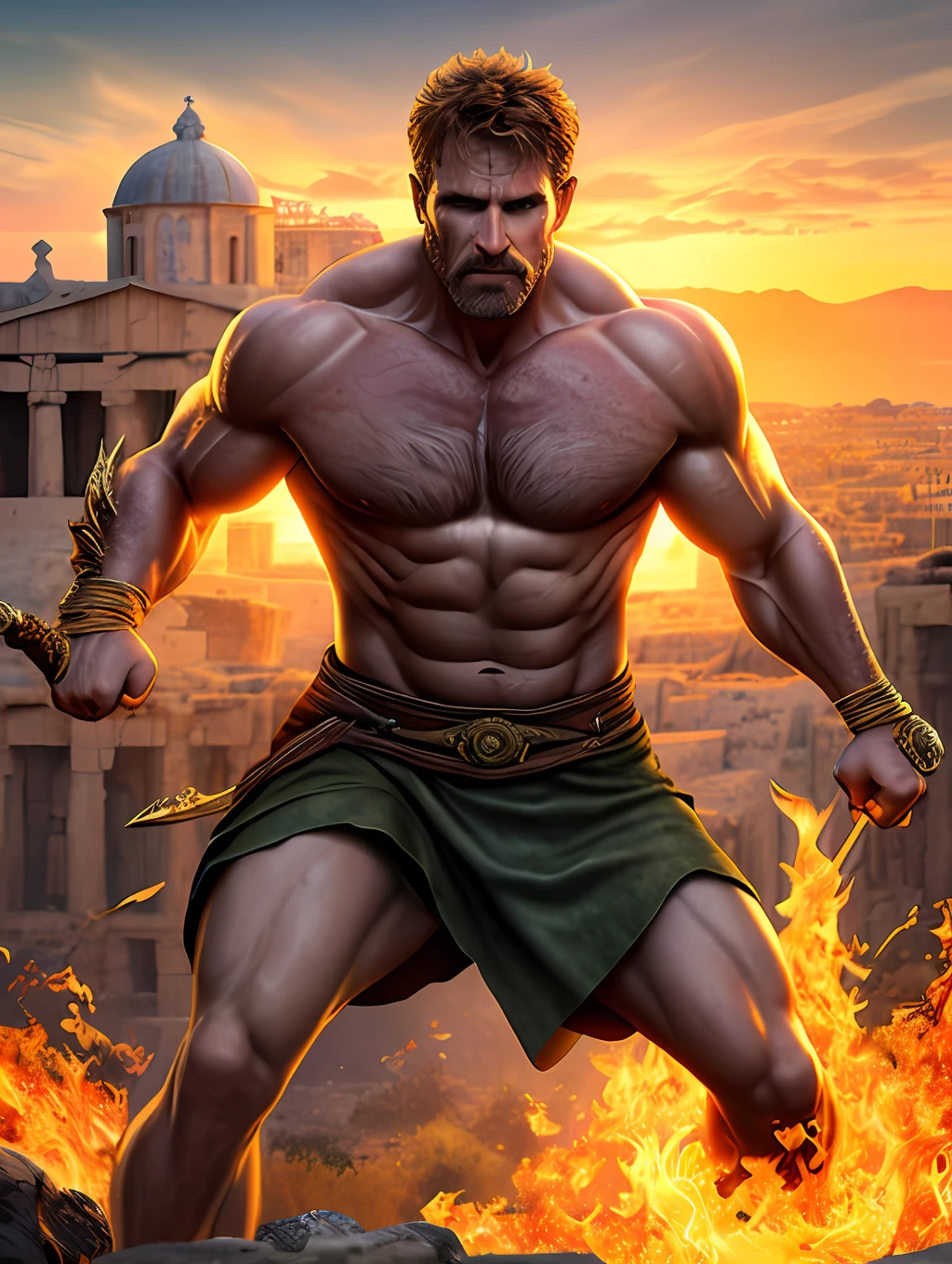 masterpiece, detailed, intricate, epic fantasy, colorful, full body, slight angle, man, 40 years old, hulking, brawny, fitted, ankle wraps, very hairy torso, fine detailed, running, intense action, dynamic juxtaposition, skimpy revealing greek outfit, receding hairline, smirk, gteek philosopher, with a sword, blades, big ancient city on fire in the background, pointing away, depth of field, particle effects, high quality shadows, intense action