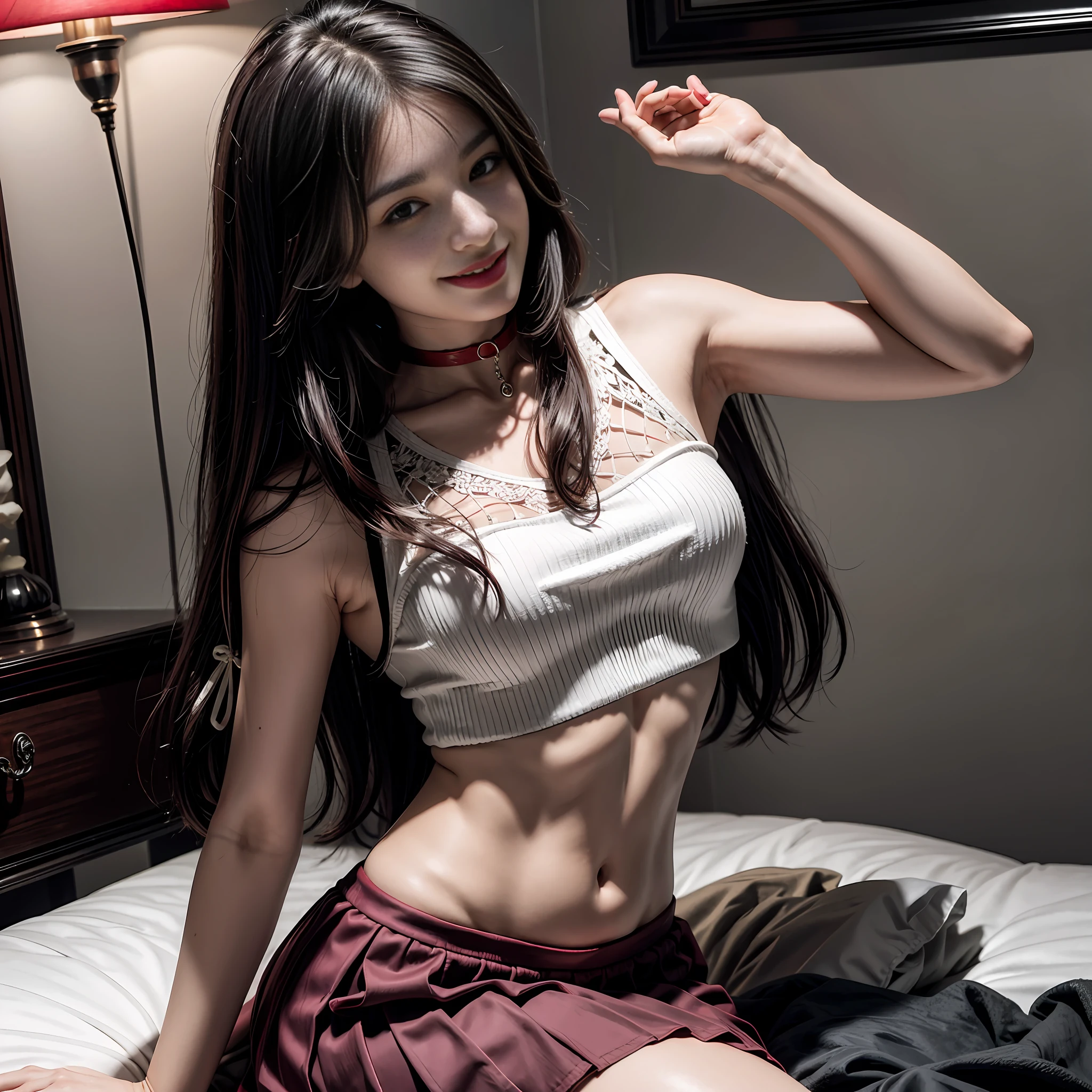 (masterpiece:1.0), (best quality:1.0), ((highly intricate details)), 1girl, from front, hands on back, red mini skirt, white woll crop top, choker, cute, sensual, smiling, alluring, seductive, flirting, long straight hair, dark violet hair, bedroom,