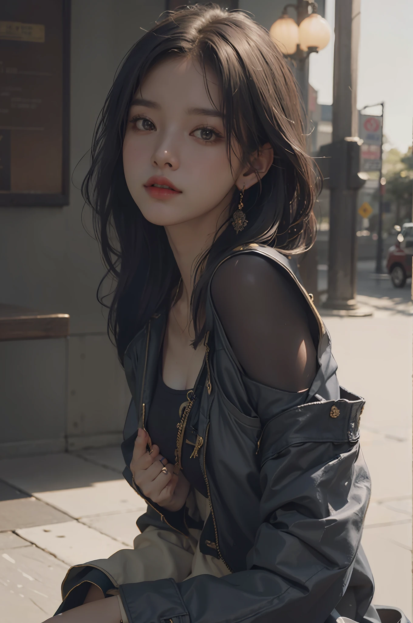 araffe asian woman with black hair and blue jacket sitting on a bench, artwork in the style of guweiz, 🤤 girl portrait, 8k artgerm bokeh, realistic. cheng yi, ross tran 8 k, photorealistic anime girl render, guweiz, soft portrait shot 8 k, trending on cgstation, by Russell Dongjun Lu