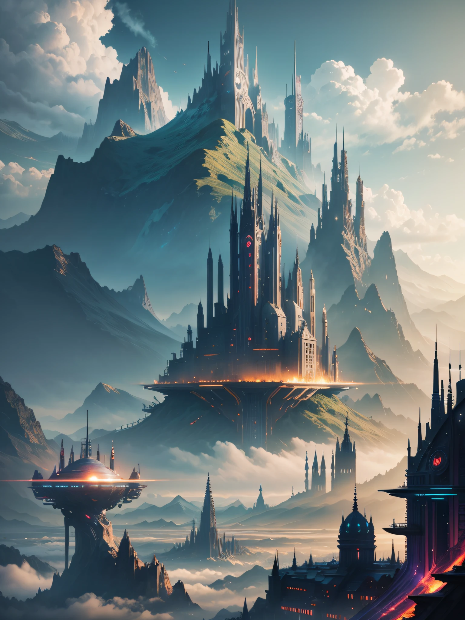 futuristic city, fantasy, 23rd century, England, mountains