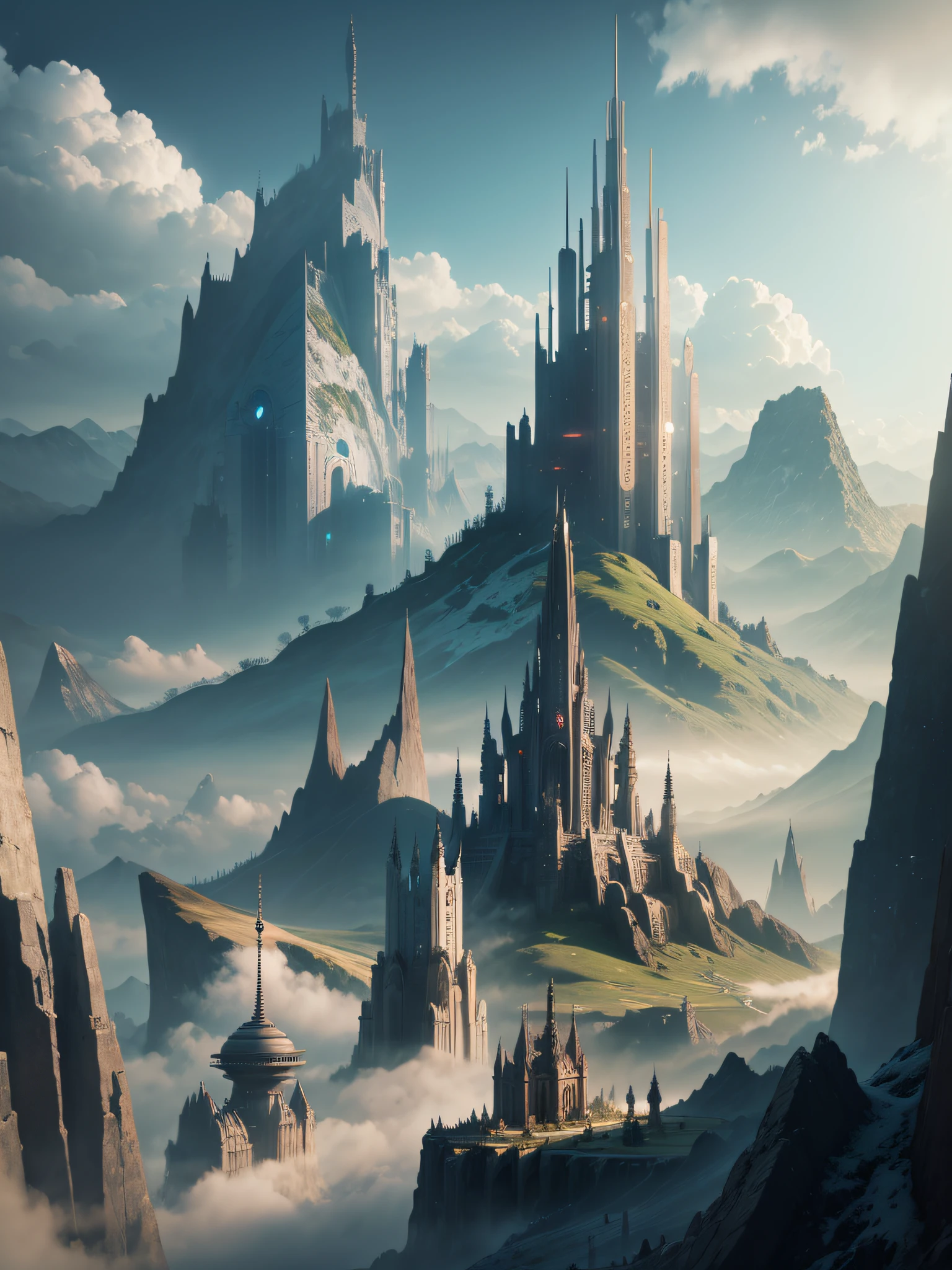 futuristic city, fantasy, 23rd century, England, mountains