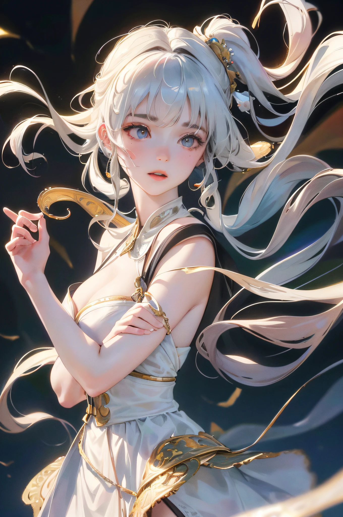 RAW photo, best quality, (realistic, photo-realistic:1.3), best quality, highly detailed, masterpiece, ultra-detailed, illustration, 1girl, upper_body, dynamic angle, world mastery theater, messy_long_hair,best quality, extremely detailed CG unity 8k wallpaper, ink, amazing, movie lights, lens_flare,dunhuang_style white stockings, pale skin, hair accessories, epic landscape,