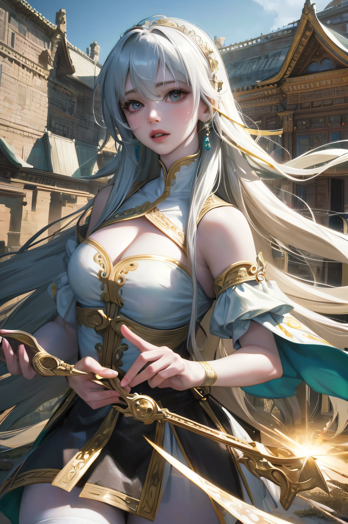RAW photo, best quality, (realistic, photo-realistic:1.3), best quality, highly detailed, masterpiece, ultra-detailed, illustration, 1girl, upper_body, dynamic angle, world mastery theater, messy_long_hair,best quality, extremely detailed CG unity 8k wallpaper, ink, amazing, movie lights, lens_flare,dunhuang_style white stockings, pale skin, hair accessories, epic landscape,