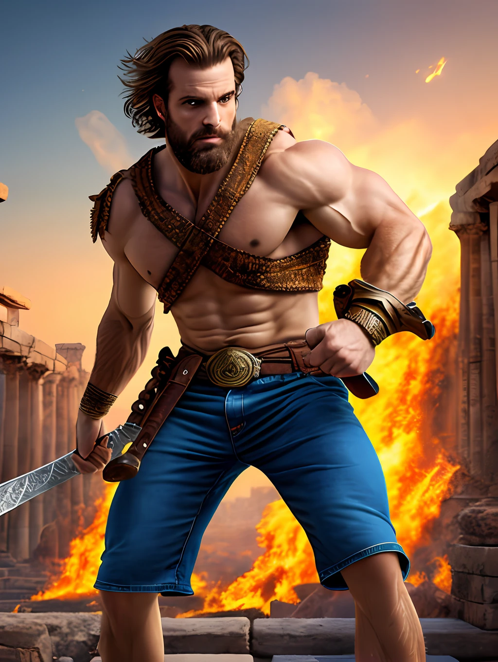 masterpiece, detailed, intricate, epic fantasy, colorful, full body, slight angle, man, 30 years old, hulking, brawny, fitted, ankle wraps, very hairy torso, fine detailed, running, intense action, dynamic juxtaposition, skimpy revealing greek outfit, receding hairline, smirk, gteek philosopher, with a sword, blades, big ancient city on fire in the background, pointing away, depth of field, particle effects, high quality shadows, intense action