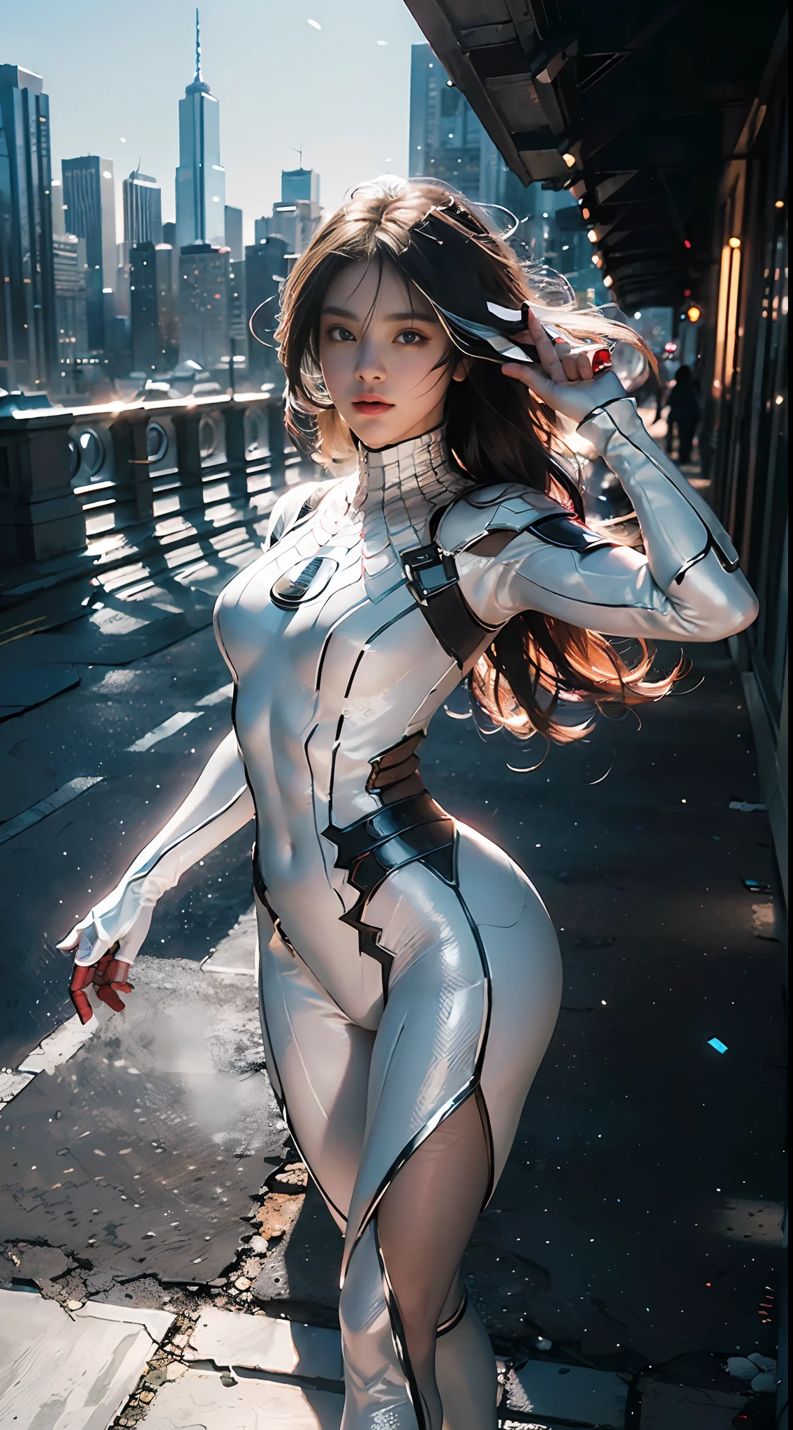 (Extreme Detail CG Unity 8K wallpaper, masterpiece, highest quality), (Exquisite lighting and shadow, highly dramatic graphics, Cinematic lens effect), (A girl in a white Spider-Man costume, from a parallel universe, city skyline in the background, dynamic pose), (excellent detail, outstanding lighting, wide angle), (excellent rendering, enough to stand out in its class)