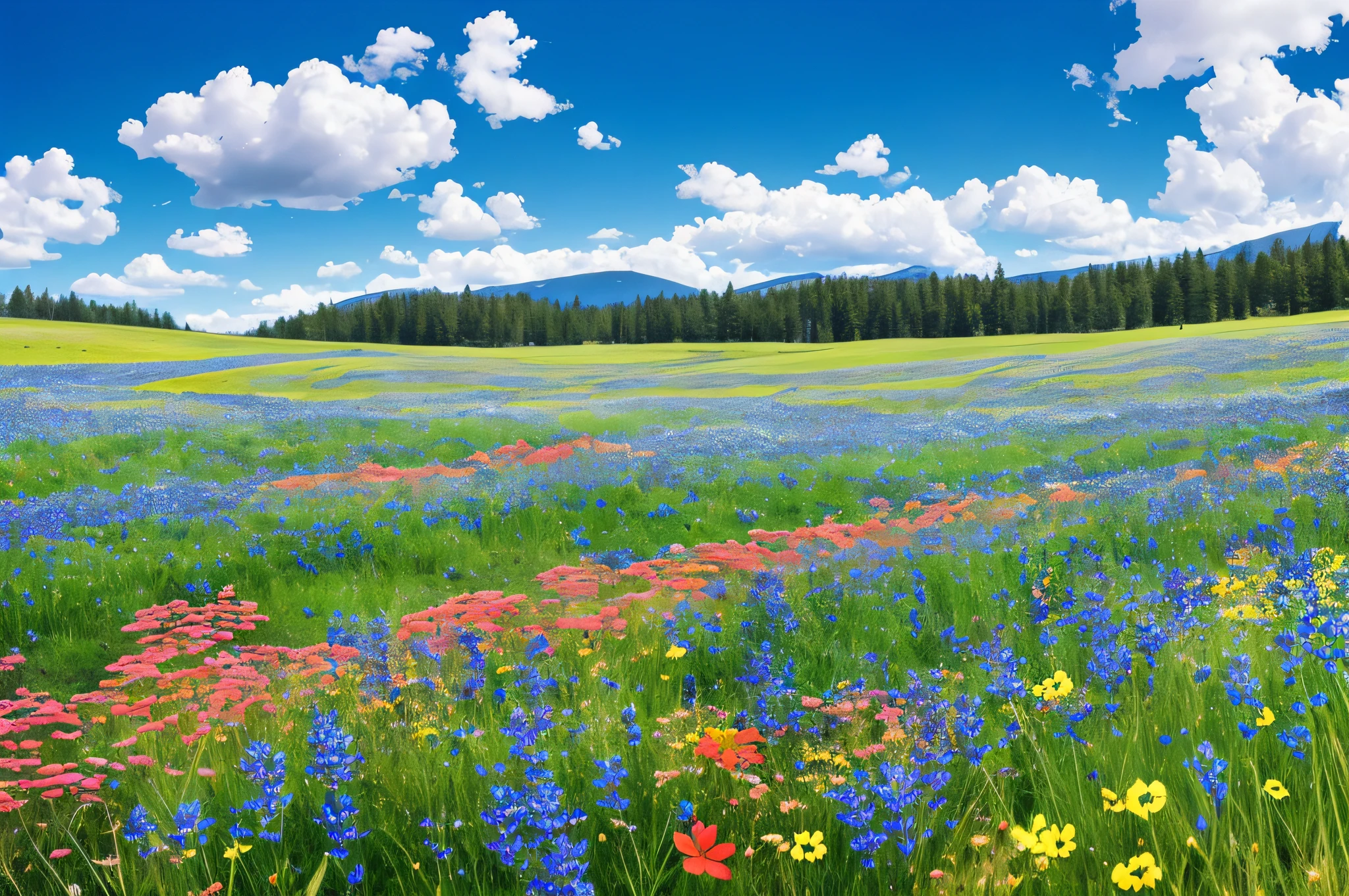 arafed field of wildflowers and blue flowers under a blue sky, meadow with flowers, summer meadow, field with grass and flowers, summer field, sunny meadow, flower meadow, field of wild flowers, field of flowers, field flowers, meadow flowers, flower field, beautiful summer landscape, field of mixed flowers, fields of flowers, field of flowers background, meadow background --auto --s2