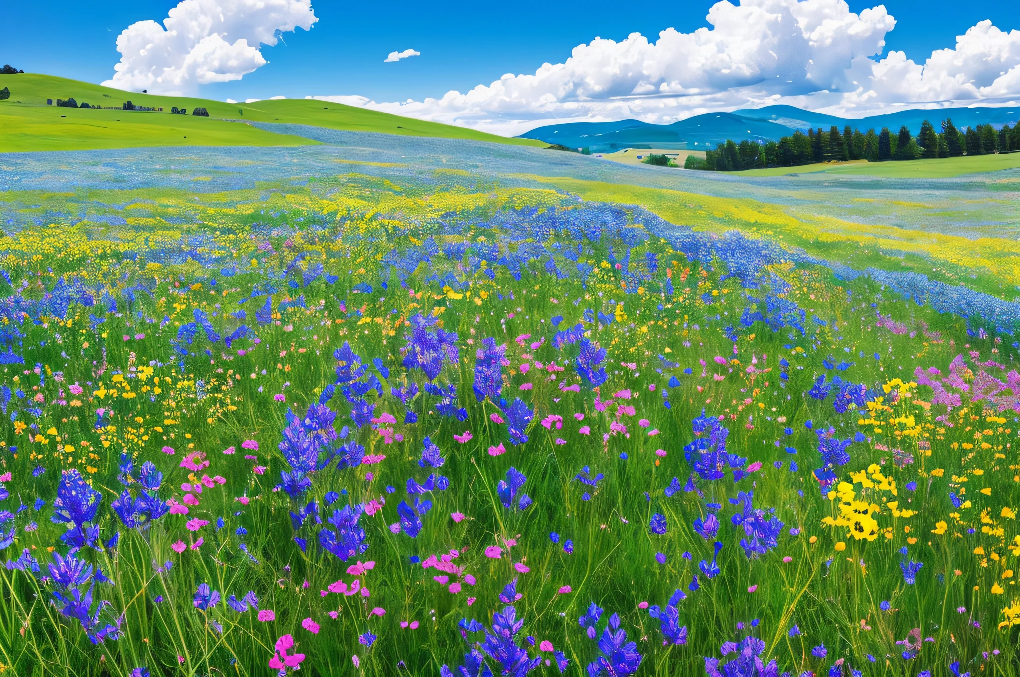 arafed field of wildflowers and blue flowers under a blue sky, meadow with flowers, summer meadow, field with grass and flowers, summer field, sunny meadow, flower meadow, field of wild flowers, field of flowers, field flowers, meadow flowers, flower field, beautiful summer landscape, field of mixed flowers, fields of flowers, field of flowers background, meadow background --auto --s2