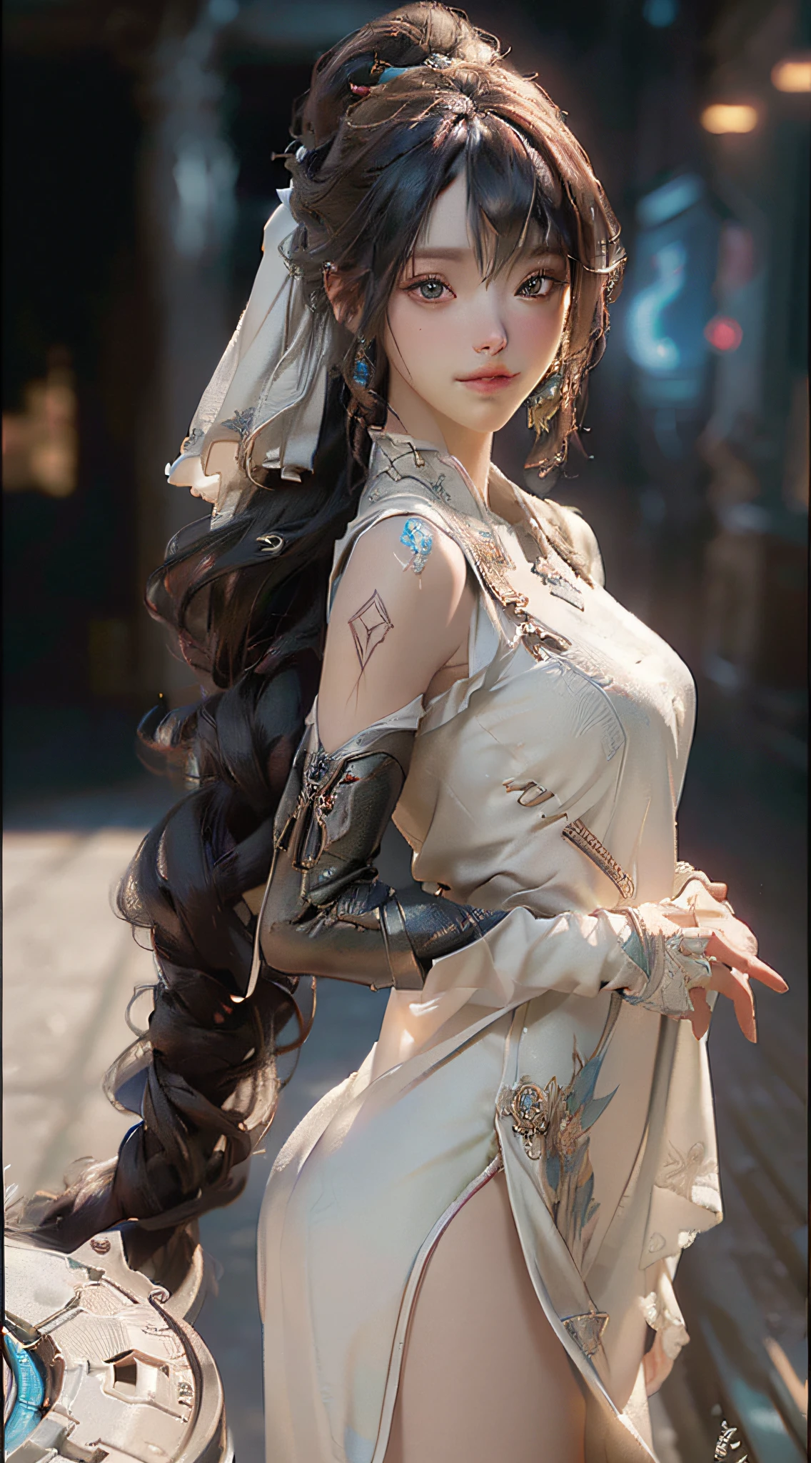 (Best Quality), ((Masterpiece), (Detail: 1.4), 3D, A Beautiful Cyberpunk Woman, HDR (High Dynamic Range), Ray Tracing, NVIDIA RTX, Super-Resolution, Unreal 5, Subsurface Scattering, PBR Textures, Post-Processing, Anisotropic Filtering, Depth of Field, Maximum Sharpness and Clarity, Multi-layer Textures, Albedo and Highlight Maps, Surface Shading, Accurate simulation of light-material interactions, perfect proportion, Octane Render, two-color light, large aperture, low ISO, white balance, rule of thirds, 8K RAW, (RAW photo, best quality), (realistic, photo-realistic:1.3), best quality, highly detailed, masterpiece, ultra-detailed, illustration, 1girl, upper_body, dynamic angle, world mastery theater, messy_long_hair,best quality, extremely detailed CG unity 8k wallpaper, ink, amazing, cinematic lighting, lens_flare, dunhuang_ style