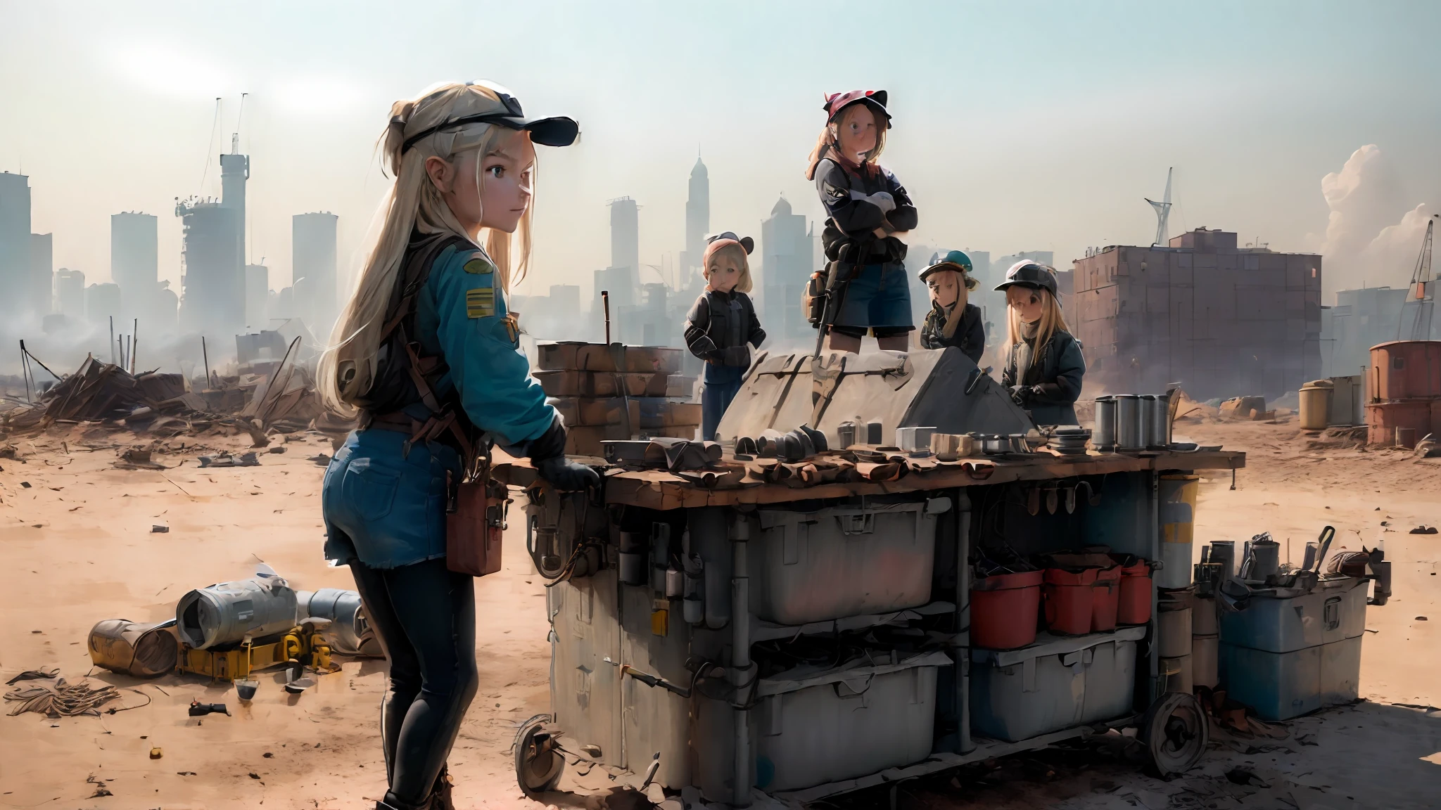 ((((((((five girls))))))),group of young girls,beatiful,mechanic girls),group meeting,Winry Rockbell\(Fullmetal Alchemist\),blonde hair, round eyes, eyelashes, long straight hair, blue eyes, medium breasts, wide hips, grin, diffused lighting,city park, (pixel-winry), (red bandana), black tube top, cargo shorts, dirty,brown short gloves, oily,masterpiece, best quality, ultra-detailed, illustration, shiny, reflective, latex, voluptuous, body, squatting, detailed, messy, workshop, industrial, black, red, silver, metallic, equipment, machinery, tools, sparks, dirt, grime, oil, stains, sweat, exhaust, pipes, gauges, dials, buttons, levers, cables, wires, hydraulic, systems, hydraulic press, crane, pulley, welding, torch, grinder, drill, saw, hammer, screwdriver, wrench, pliers, spanner, toolbox, fire extinguisher, first aid kit, ventilation, ducts, light fixtures, emergency exit, warning signs, caution tape, posters, calendar, coffee mug, dirty, workbench, storage, shelves, bins, lockers, smoke, fumes, debris, concrete floor, concrete walls, metal beams, rivets, bolts, screws, nuts, washers, chains, ropes, hooks, clamps, magnets, bearings, lubricants, fluids, solvents, adhesives, lubrication, maintenance, repair, overhaul, upgrade, installation, assembly, fabrication, customization, prototype, research, development, testing, quality control, inspection, certification, compliance, regulation, standard, efficiency, productivity, innovation, excellence, satisfaction, teamwork, dedication, professionalism, empowerment, diversity, equality, respect, safety culture, industrial fashion, sci-fi, cyberpunk, dystopian,dynamic camera angle,panorama,