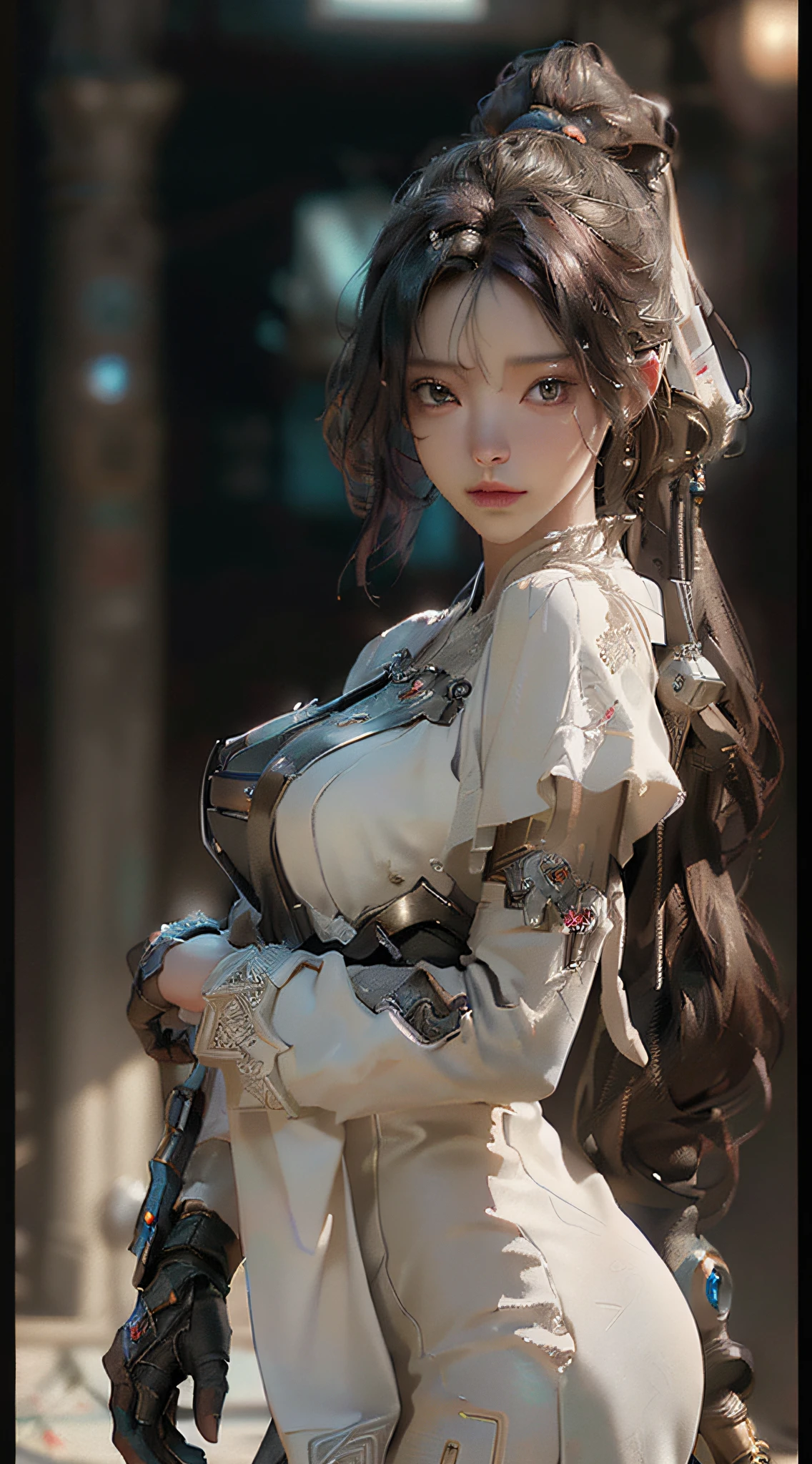 (Best Quality), ((Masterpiece), (Detail: 1.4), 3D, A Beautiful Cyberpunk Woman, HDR (High Dynamic Range), Ray Tracing, NVIDIA RTX, Super-Resolution, Unreal 5, Subsurface Scattering, PBR Textures, Post-Processing, Anisotropic Filtering, Depth of Field, Maximum Sharpness and Clarity, Multi-layer Textures, Albedo and Highlight Maps, Surface Shading, Accurate simulation of light-material interactions, perfect proportion, Octane Render, two-color light, large aperture, low ISO, white balance, rule of thirds, 8K RAW, (RAW photo, best quality), (realistic, photo-realistic:1.3), best quality, highly detailed, masterpiece, ultra-detailed, illustration, 1girl, upper_body, dynamic angle, world mastery theater, messy_long_hair,best quality, extremely detailed CG unity 8k wallpaper, ink, amazing, cinematic lighting, lens_flare, dunhuang_ style