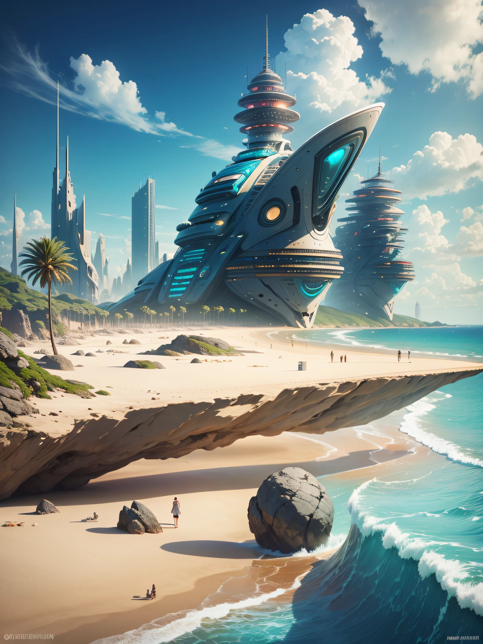 futuristic city, fantasy, 23rd century, uk, sea, sandy beach