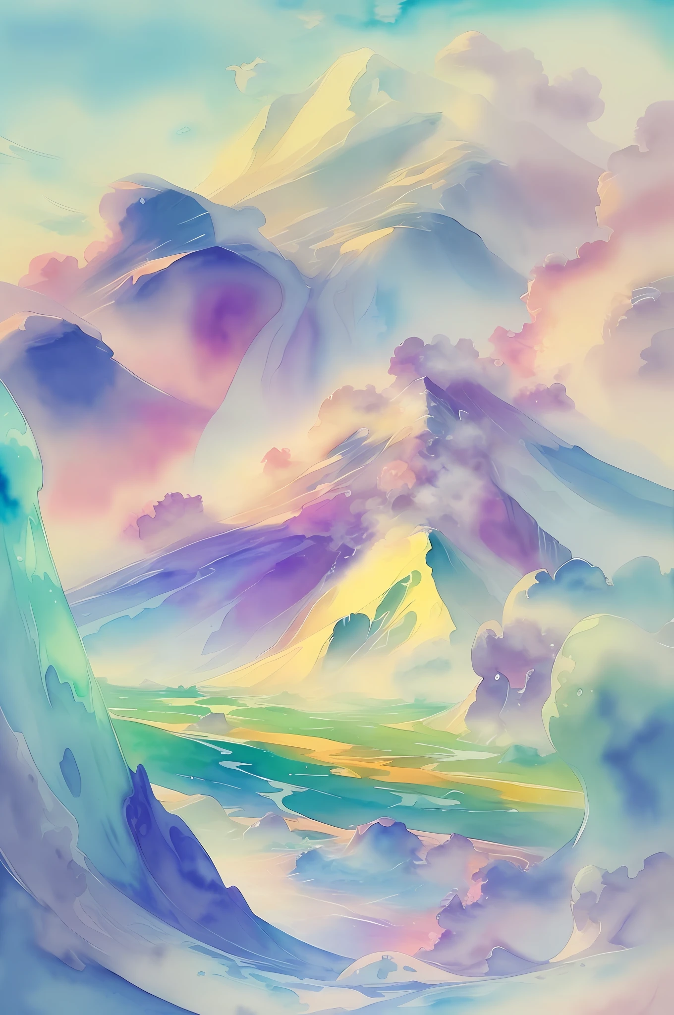 (Watercolor style, spectral art) + (A piece of jade bubbling with smoke rising from the smoke, with rolling mountains in the background) (Sun: 2). (rich gorgeous colors in the distance) + (smudge splash) + (clear light and shadow swaying dynamics), from above, wide-angle lens --auto --s2