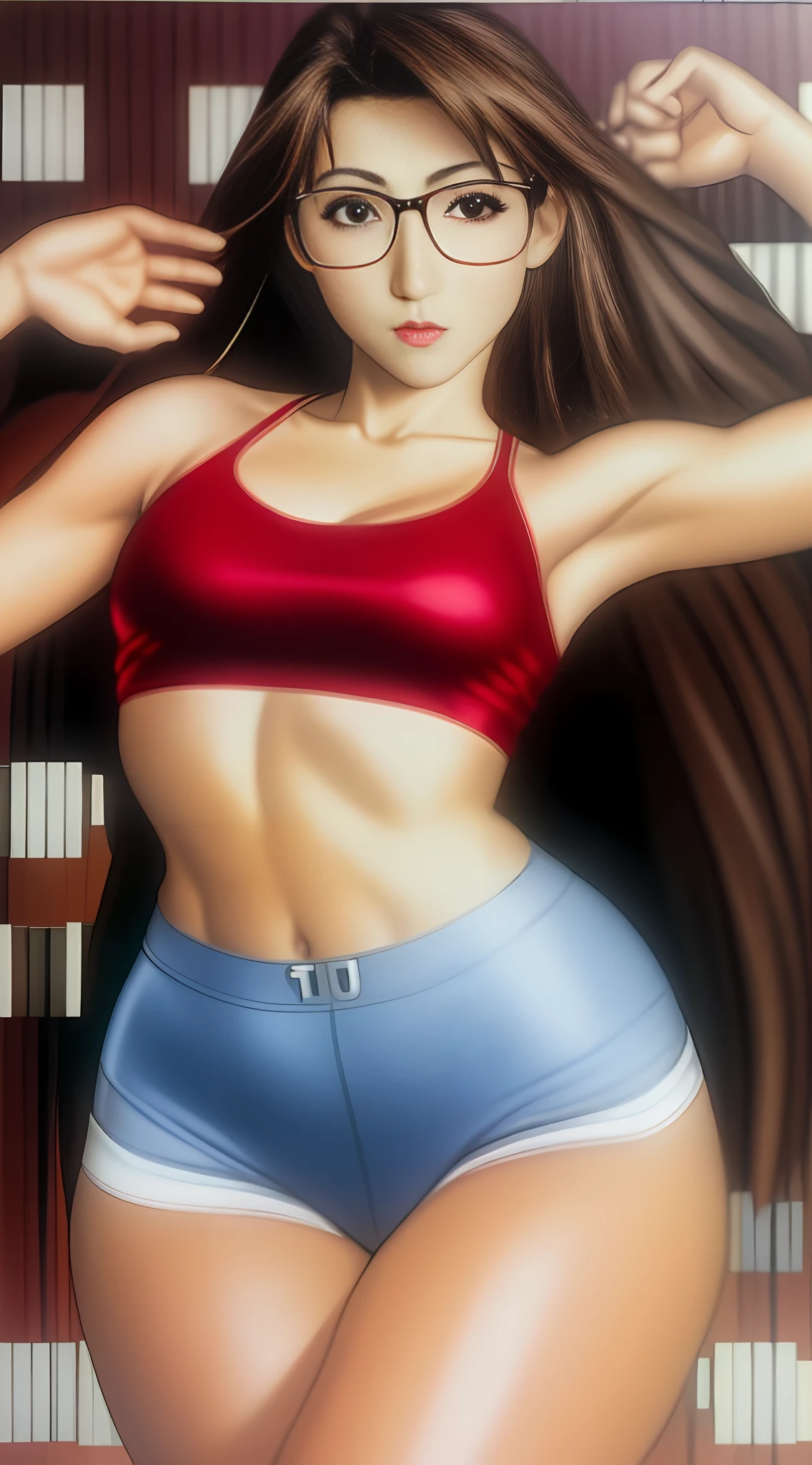 Koyomi Mizuhara, long brunette hair, glasses, bra, huge breasts, huge ass, thin thighs, slim figure, erotic poses,make up, lipstick, sexy slender waist line, small abs, working out, sexy, bubble butt, panty wedgie, sling bikini, model poses, tight dress