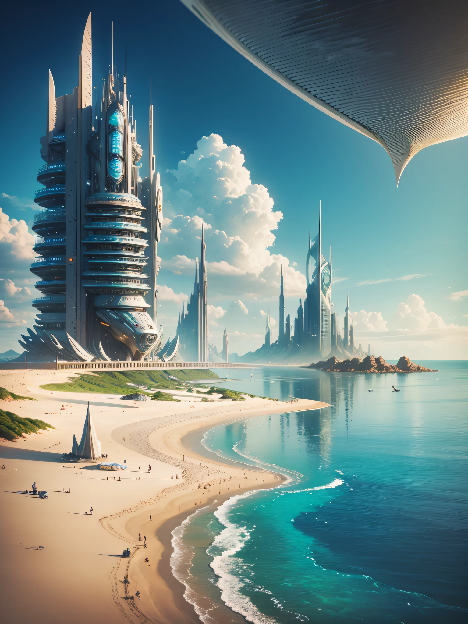 futuristic city, fantasy, 23rd century, uk, sea, sandy beach
