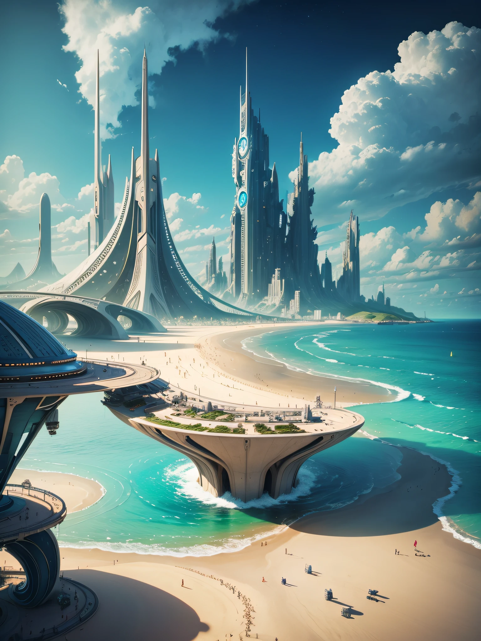 futuristic city, fantasy, 23rd century, uk, sea, sandy beach