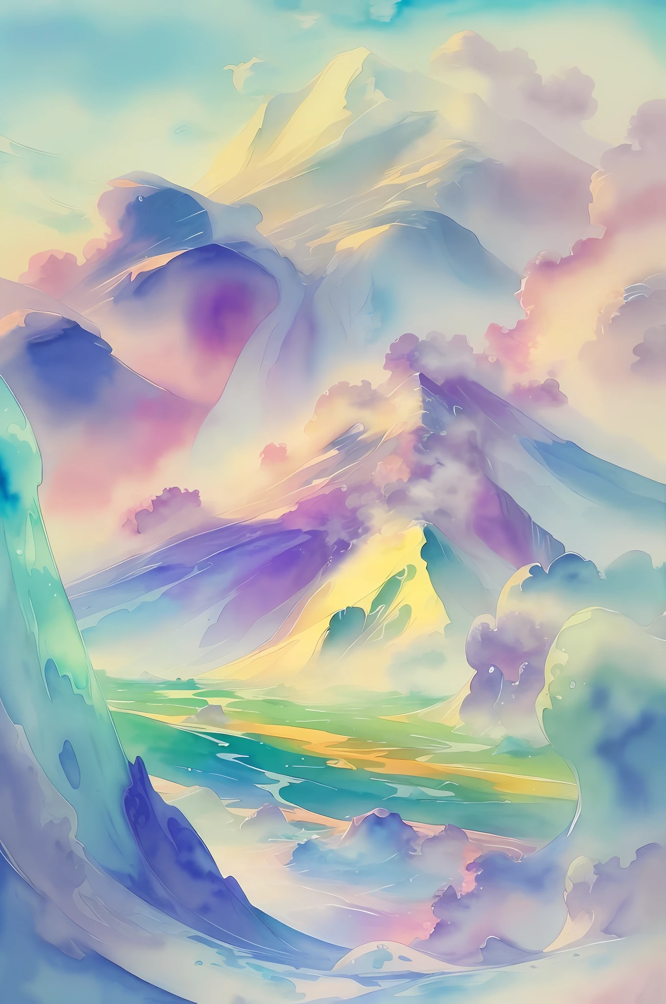 (Watercolor style, spectral art) + (A piece of jade bubbling with smoke rising from the smoke, with rolling mountains in the background) (Sun: 2). (rich gorgeous colors in the distance) + (smudge splash) + (clear light and shadow swaying dynamics), from above, wide-angle lens --auto --s2