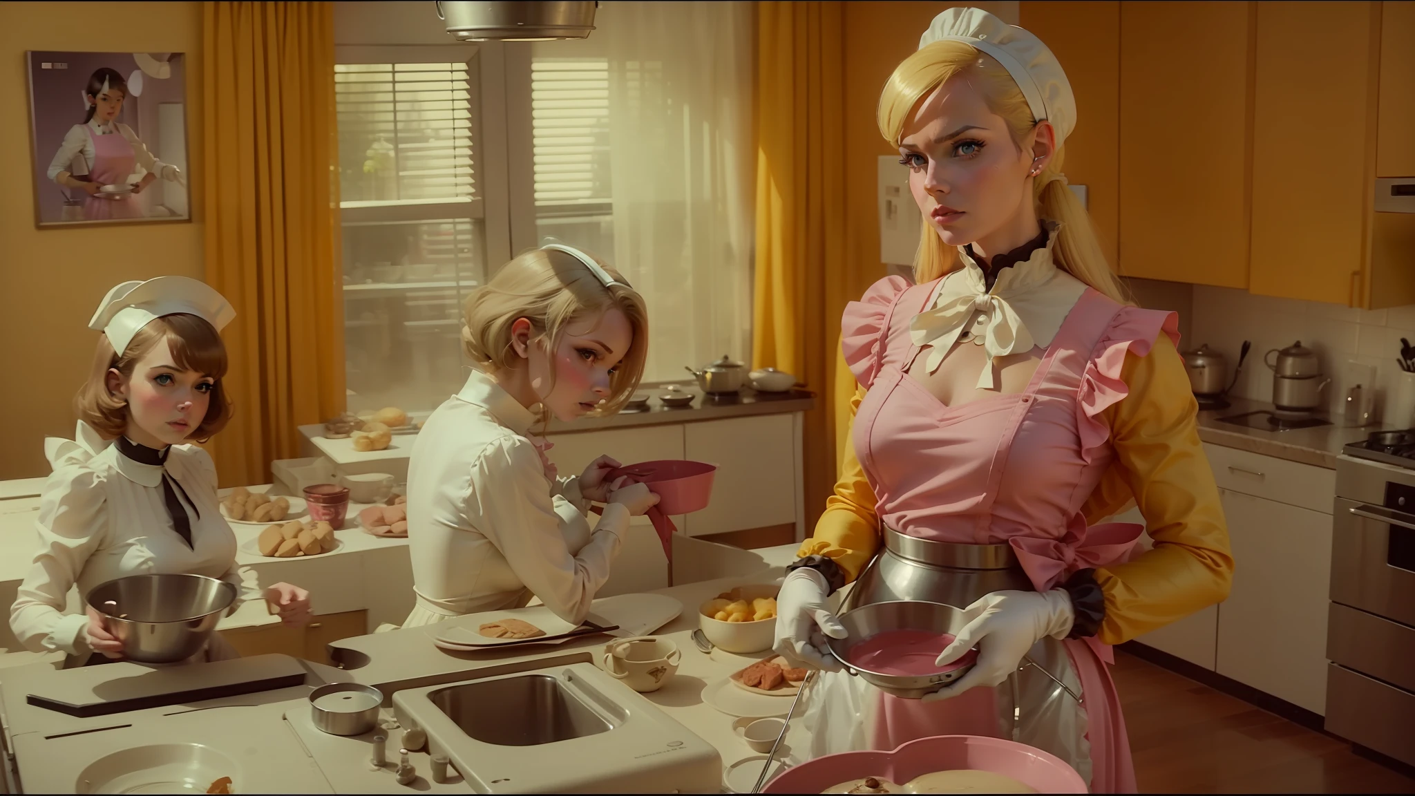 blonde in pink dress standing in kitchen with whisks, cinematography by roger deakin, silk spectre, ffffound, 1960s, dressed as baker, of family exiting spaceship, plastic and fabric, lolita style, wearing blouse, thunderbirds, aspect 16:9 aspect ratio, aesthetic surrealismblonde in pink dress standing in kitchen with whisks, cinematography by roger deakin, silk spectre, ffffound, 1960s, dressed as baker, of family exiting spaceship, plastic and fabric, lolita style, wearing blouse, thunderbirds, aspect 16:9 aspect ratio, aesthetic surrealism --auto --s2