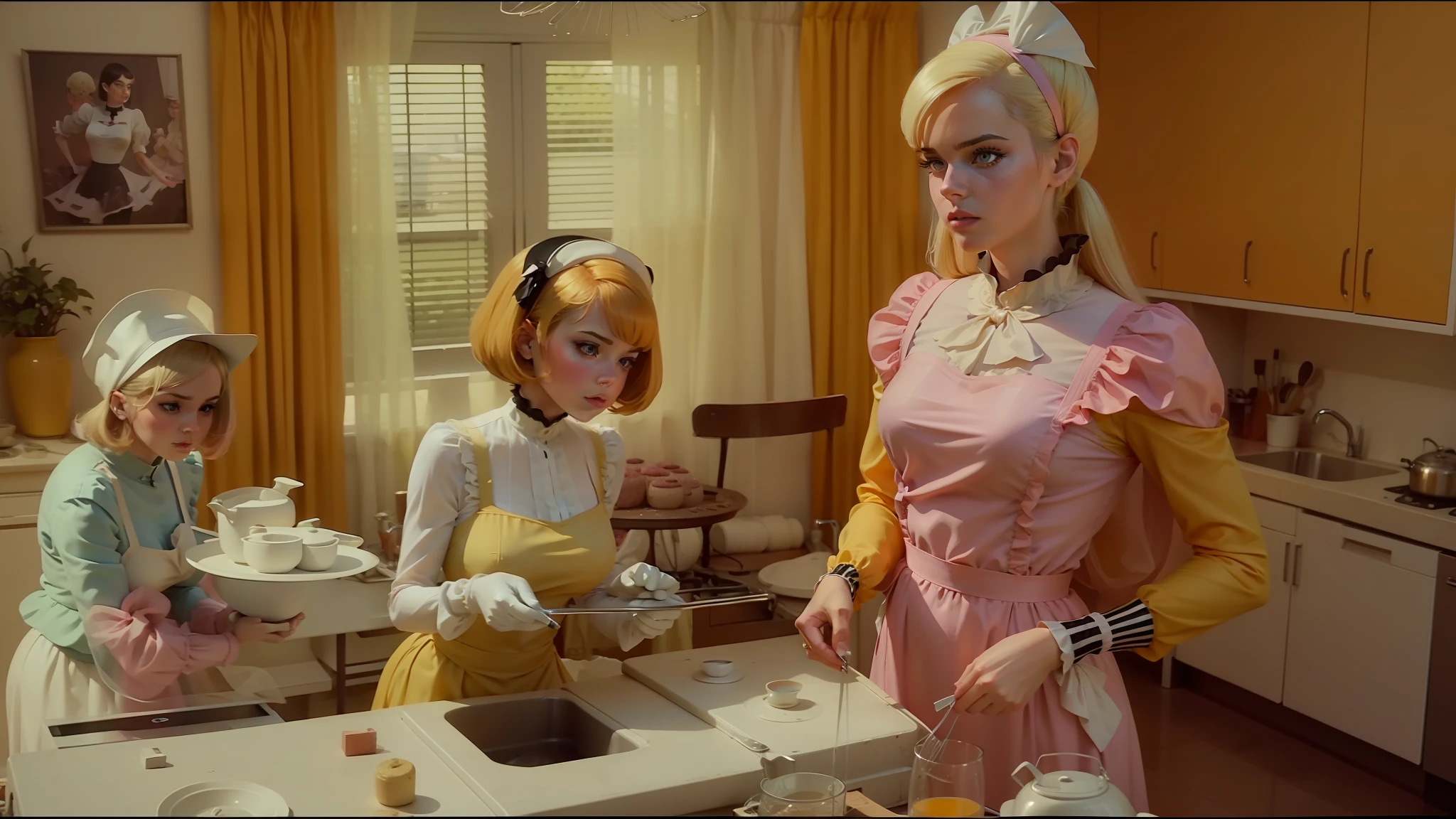 blonde in pink dress standing in kitchen with whisks, cinematography by roger deakin, silk spectre, ffffound, 1960s, dressed as baker, of family exiting spaceship, plastic and fabric, lolita style, wearing blouse, thunderbirds, aspect 16:9 aspect ratio, aesthetic surrealismblonde in pink dress standing in kitchen with whisks, cinematography by roger deakin, silk spectre, ffffound, 1960s, dressed as baker, of family exiting spaceship, plastic and fabric, lolita style, wearing blouse, thunderbirds, aspect 16:9 aspect ratio, aesthetic surrealism --auto --s2
