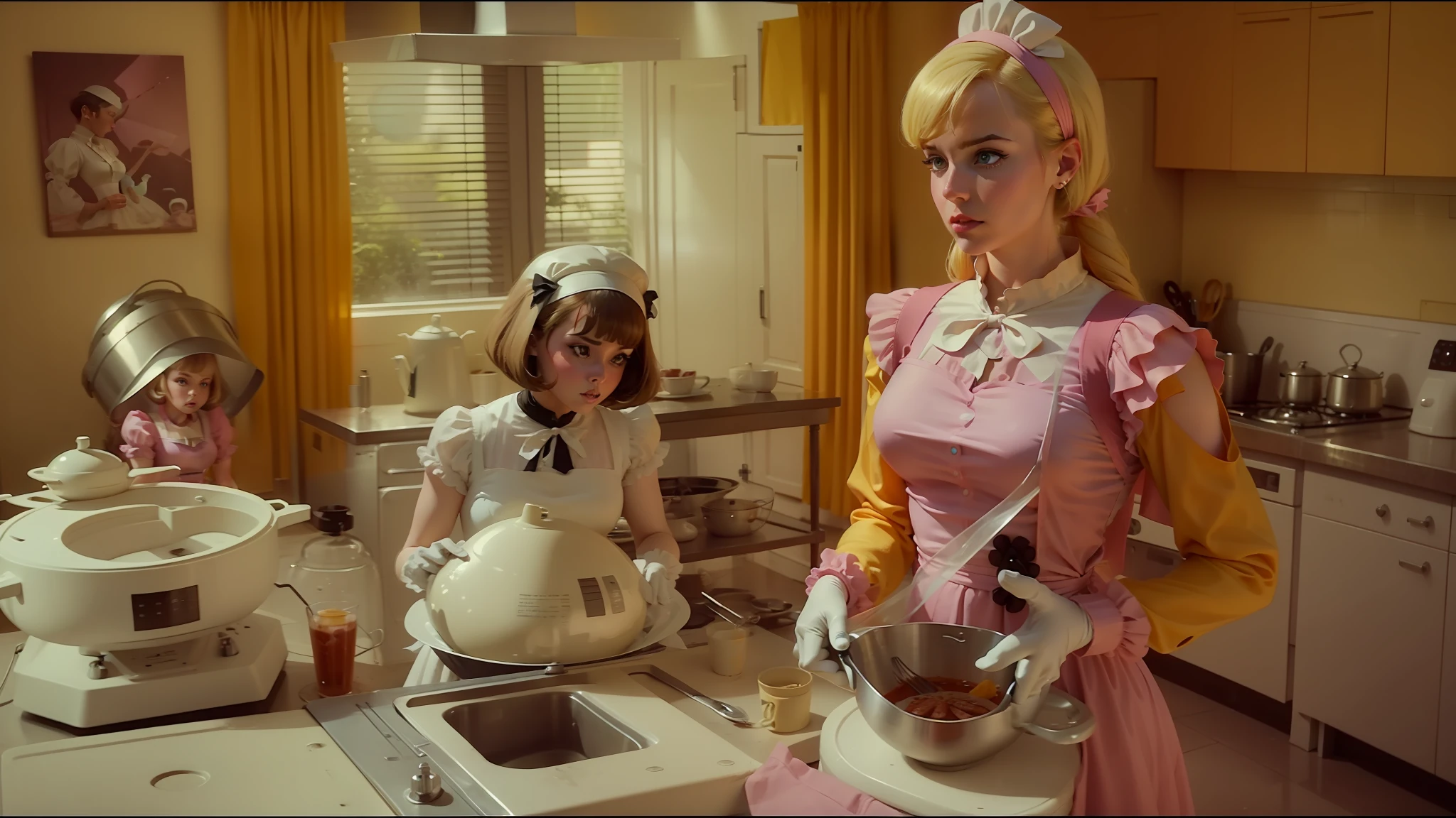 blonde in pink dress standing in kitchen with whisks, cinematography by roger deakin, silk spectre, ffffound, 1960s, dressed as baker, of family exiting spaceship, plastic and fabric, lolita style, wearing blouse, thunderbirds, aspect 16:9 aspect ratio, aesthetic surrealismblonde in pink dress standing in kitchen with whisks, cinematography by roger deakin, silk spectre, ffffound, 1960s, dressed as baker, of family exiting spaceship, plastic and fabric, lolita style, wearing blouse, thunderbirds, aspect 16:9 aspect ratio, aesthetic surrealism --auto --s2