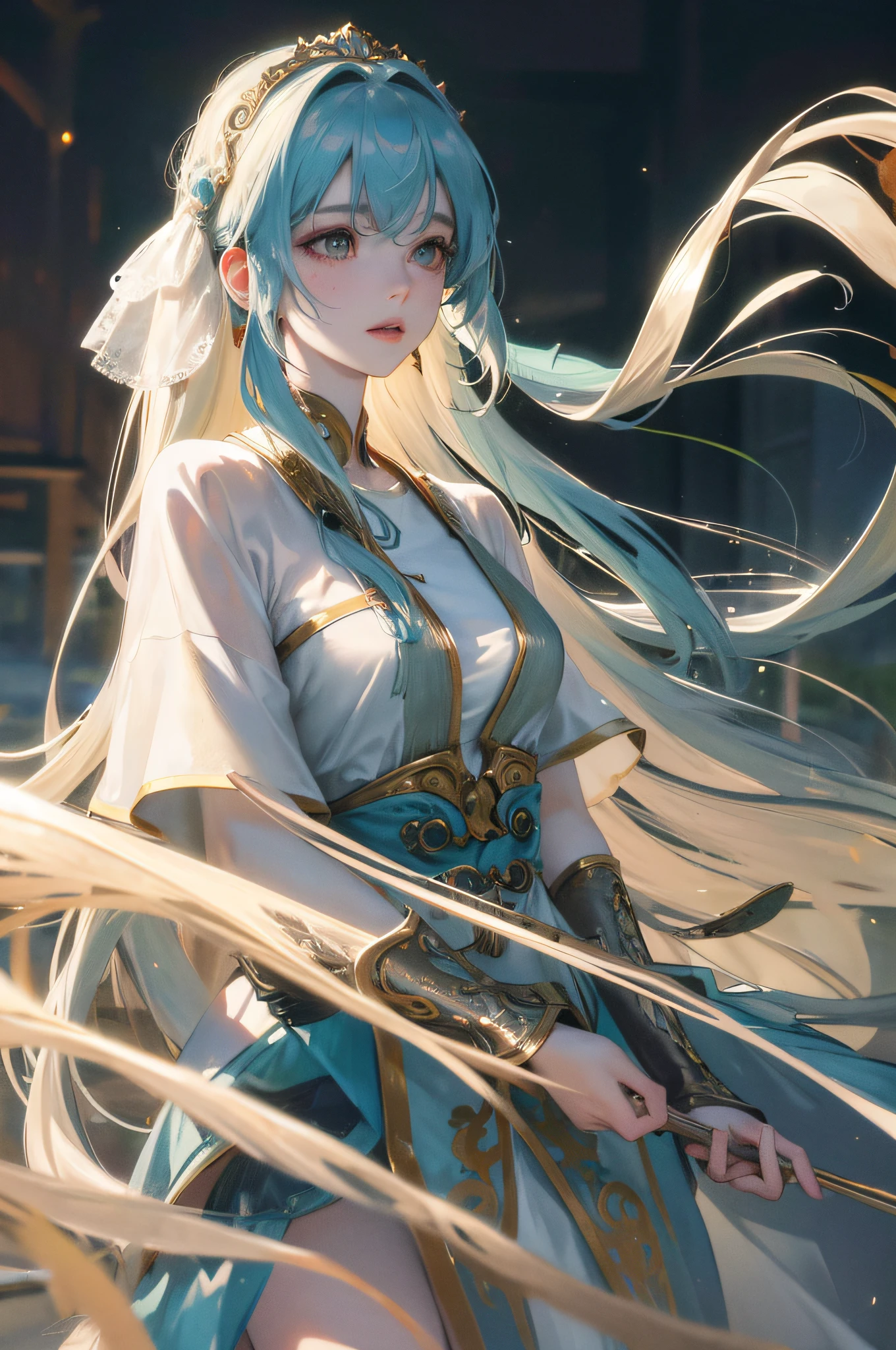 RAW photo, best quality, (realistic, photo-realistic:1.3), best quality, highly detailed, masterpiece, ultra-detailed, illustration, 1girl, upper_body, dynamic angle, world mastery theater, messy_long_hair,best quality, extremely detailed CG unity 8k wallpaper, ink, amazing, movie lights, lens_flare,dunhuang_style white stockings, pale skin, hair accessories, epic landscape,