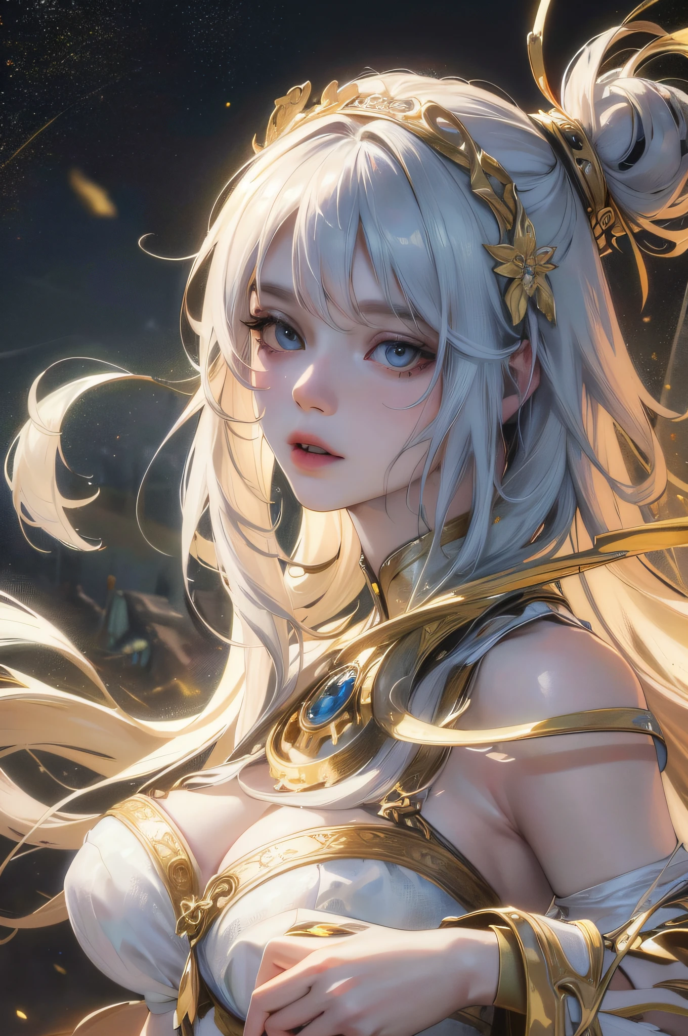 RAW photo, best quality, (realistic, photo-realistic:1.3), best quality, highly detailed, masterpiece, ultra-detailed, illustration, 1girl, upper_body, dynamic angle, world mastery theater, messy_long_hair,best quality, extremely detailed CG unity 8k wallpaper, ink, amazing, movie lights, lens_flare,dunhuang_style white stockings, pale skin, hair accessories, epic landscape,