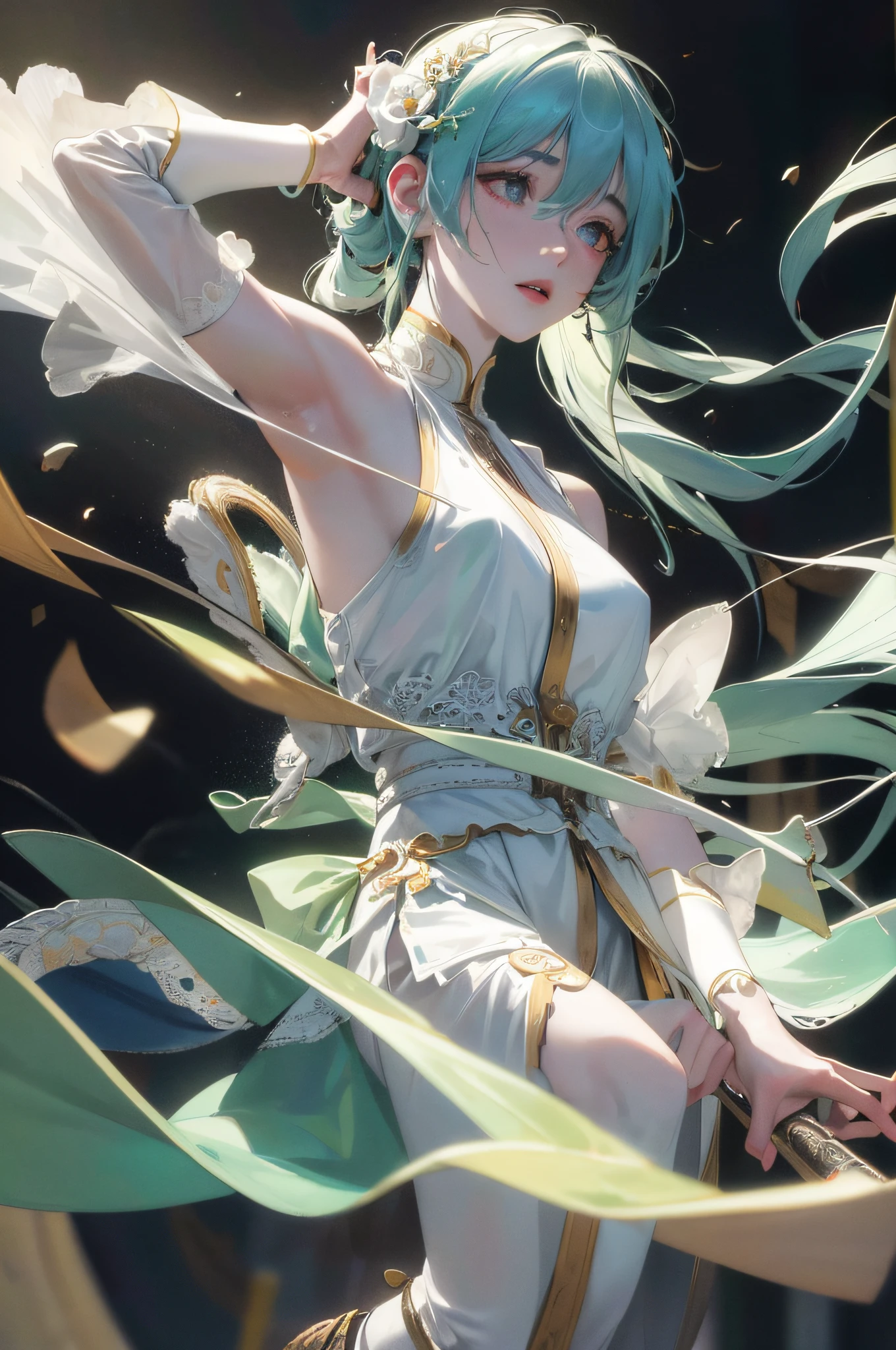 RAW photo, best quality, (realistic, photo-realistic:1.3), best quality, highly detailed, masterpiece, ultra-detailed, illustration, 1girl, upper_body, dynamic angle, world mastery theater, messy_long_hair,best quality, extremely detailed CG unity 8k wallpaper, ink, amazing, movie lights, lens_flare,dunhuang_style white stockings, pale skin, hair accessories, epic landscape,