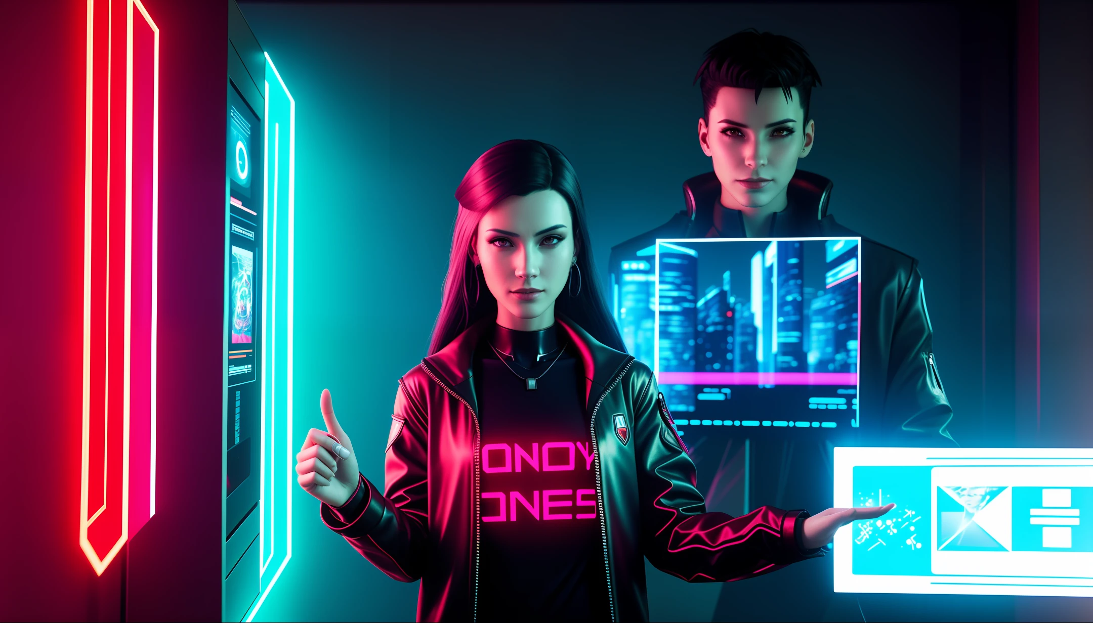 Cyberpunk woman pointing finger at a cyberpunk digital hologram in front of screen, red jacket, black short blouse underneath, cyberpunk style