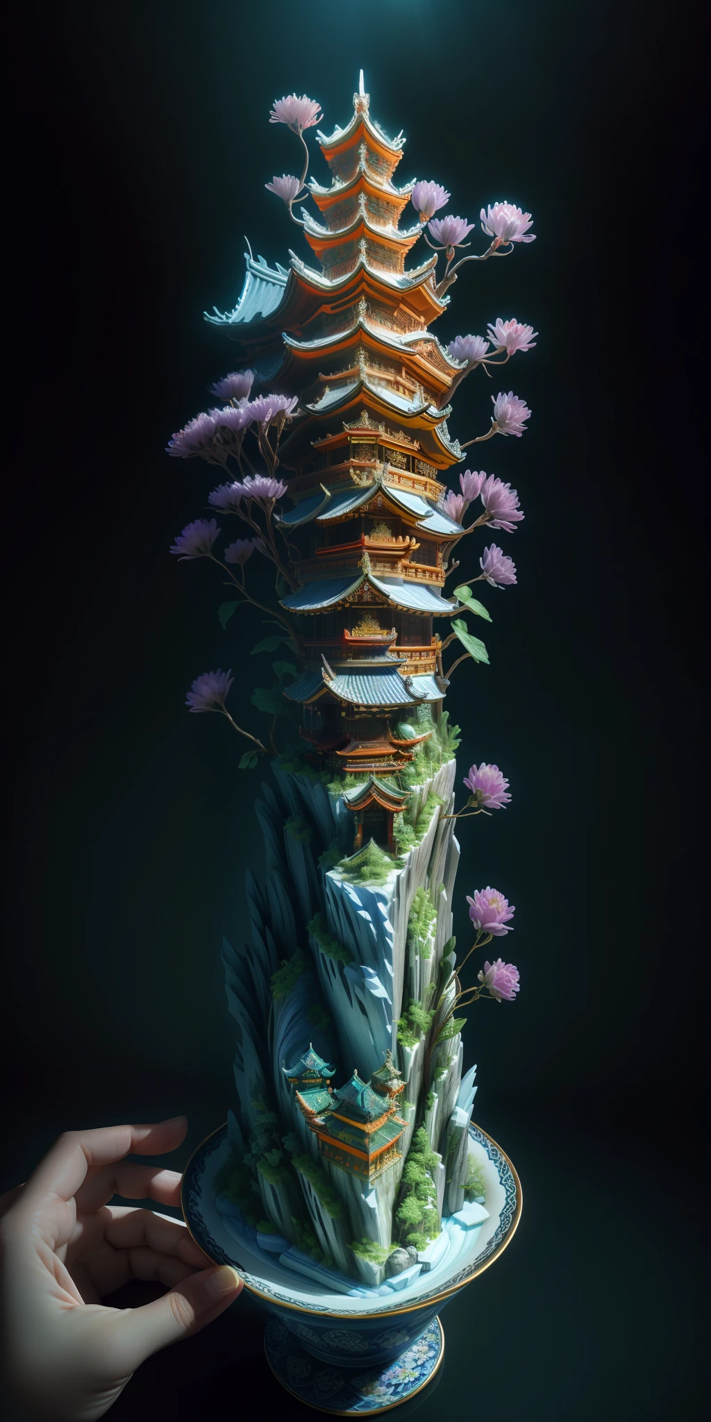 best quality, realistic, photorealistic, ultra detailed, "Mountain of Flower and Fruit+Fairy+Chinese Architecture" highly detailed carving on "southern ice" porcelain,Ultra wide angle,Accent Lighting,Volumetric Lighting,backlighting, (detailed light),((an extremely delicate and beautiful)),dramatic_shadow,ray_tracing,hdr