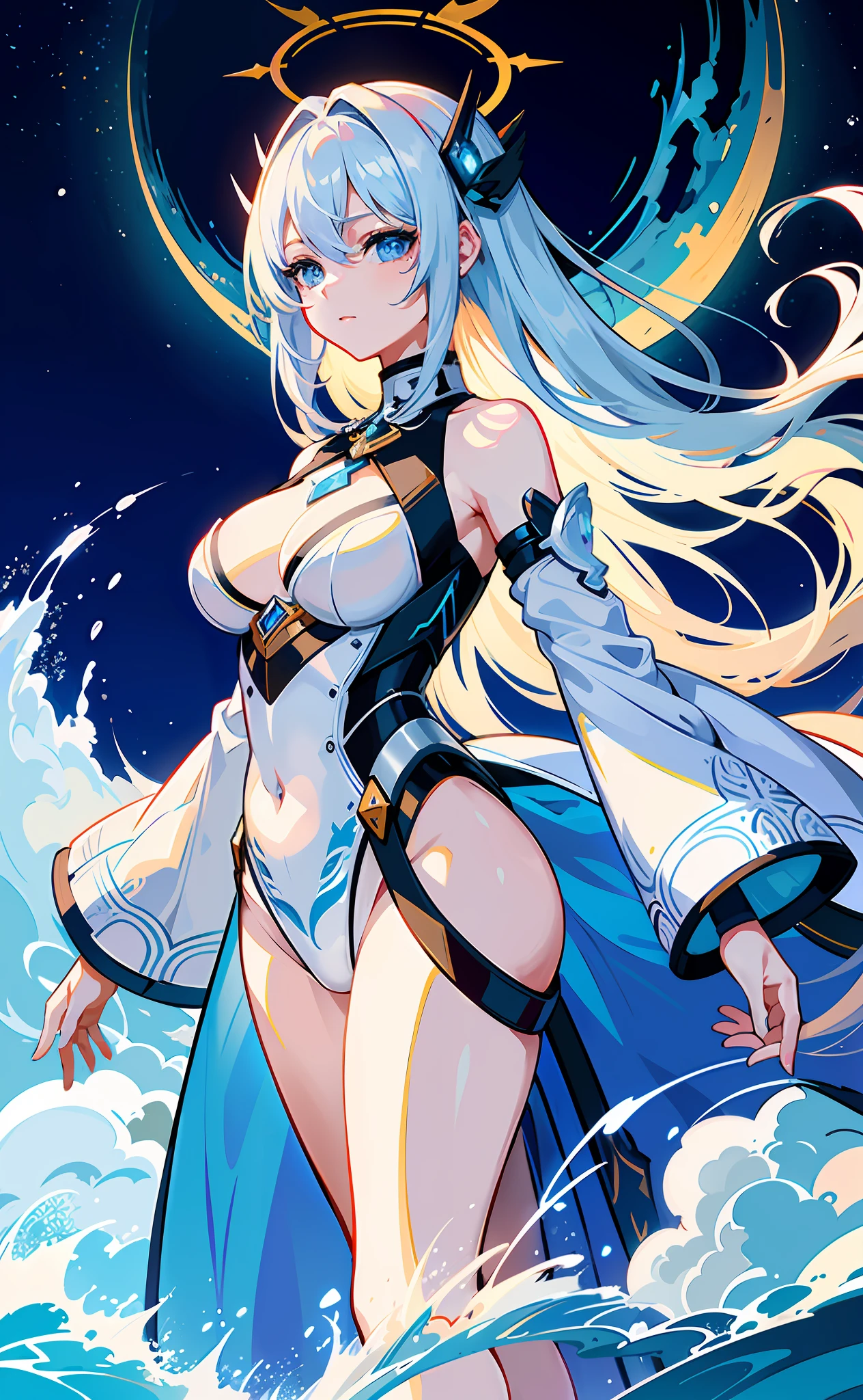 "Behold a true masterpiece: ultra high-quality, high-resolution art featuring a beautiful angelic girl with mesmerizing blue eyes and a heavenly halo. Her exquisite white hair falls in waves, and she's a stunning example of mecha musume. Truly a work of art that will leave you awestruck!", unreal engine, fantastically beautyfull, dramatic lighting