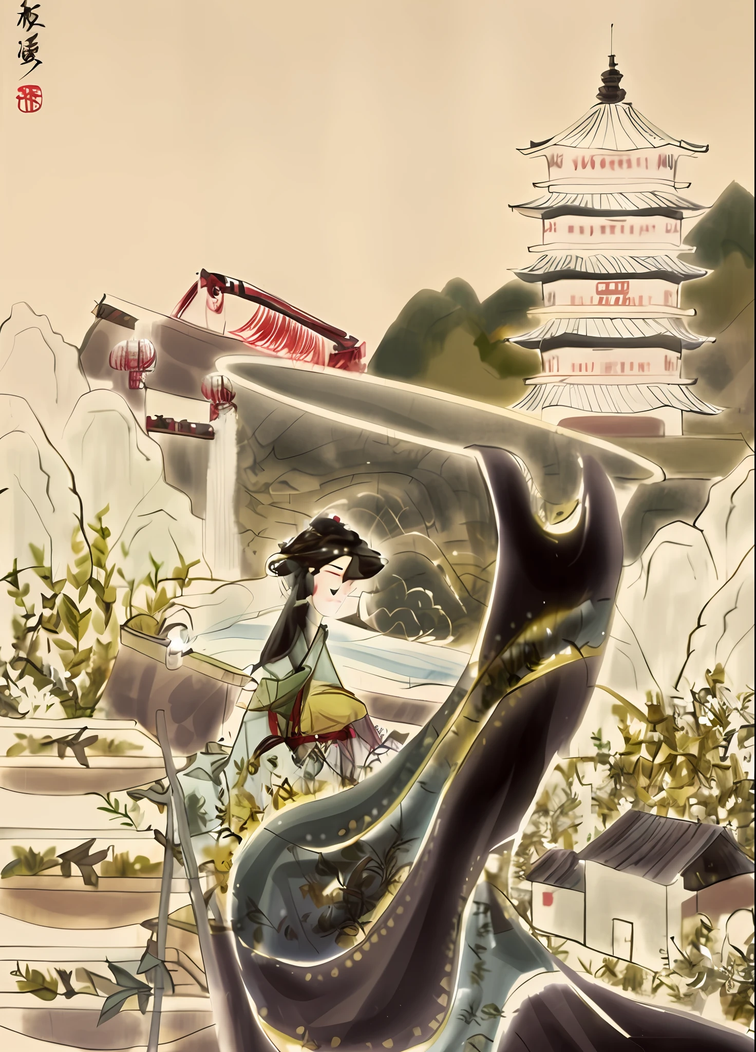 there is a woman that is standing in the grass near a waterfall, japan rural travel, stylized digital illustration, japanese illustration, inspired by Shūbun Tenshō, inspired by Yoshida Hanbei, inspired by Watanabe Shōtei, inspired by Yang Buzhi, inspired by Kanō Sansetsu --auto --s2