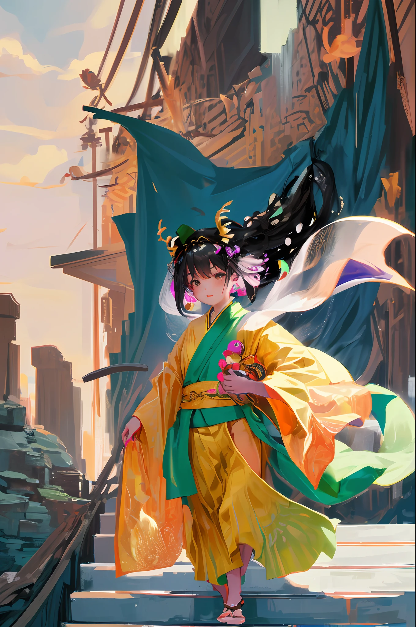 (杰作、侧光、精致美眸:1.2)、3d脸、逼真、完美脸、黑金主题、上半身、视角和人像、RosyBrown彩虹短马尾造型和OldLace印花继姐妆容狗眼混合DarkSlateBlue 和 SeaShell of nontraditional_miko or wearing Olive of sarong, side-tie of cape and headdress or wearing giraffe ears and yin_yang_earrings, walking, caring or child_carry, knocking, drinking, 敲门,喝酒,