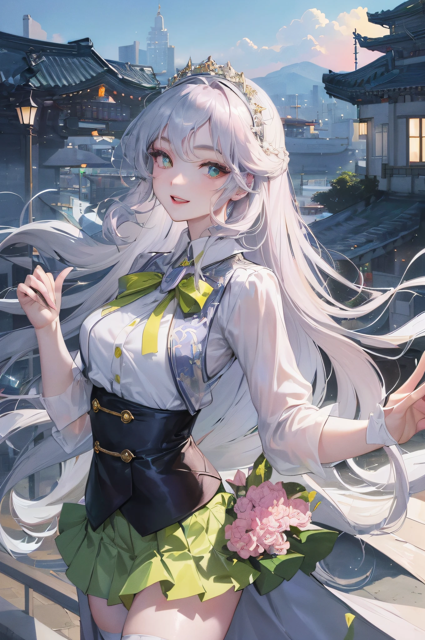 official art, masterpiece, sharp focus, (beautiful gorgeous cute korean woman:1.3), (beautiful cute korean:1.3), Korean beauty, delicate beautiful hair and eyes and face, realistic, super detailed, beautiful girl, blue sky, glowing white particles, (side light:1.2), sunlight, white clouds, detailed clouds, slender, cute girl, smile with teeth, ((smile with eyes, open eyes)), landscape, long straight hair, sexy facial expression, architecture, (City view: 1.7), Dynamic hair, Very long straight hair, Detailed platinum silver hair, Glowing green eyes, (pink pleated shirt + yellow skirt), White stockings, Pale skin, Hair accessories, Epic landscape,