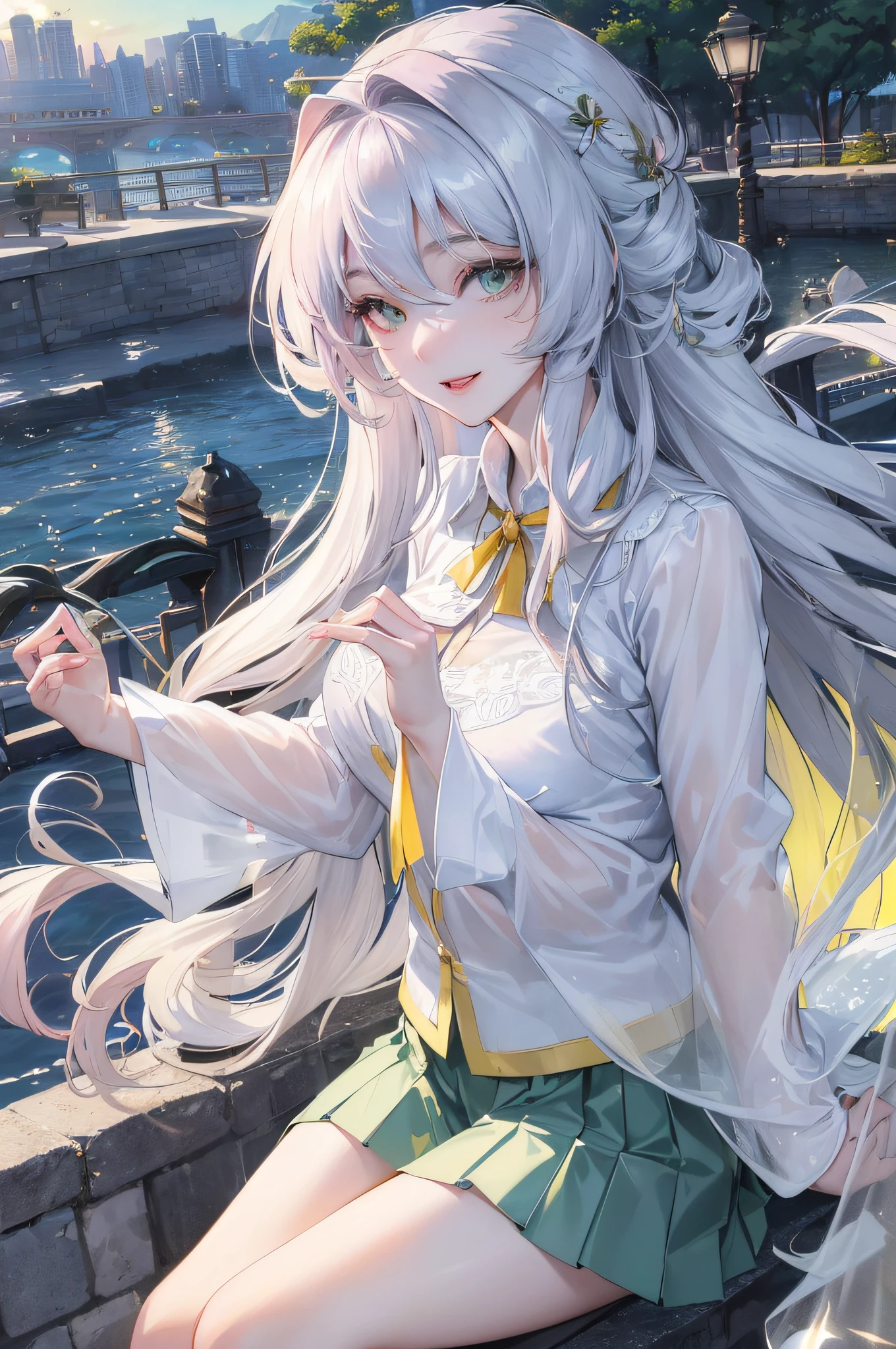 official art, masterpiece, sharp focus, (beautiful gorgeous cute korean woman:1.3), (beautiful cute korean:1.3), Korean beauty, delicate beautiful hair and eyes and face, realistic, super detailed, beautiful girl, blue sky, glowing white particles, (side light:1.2), sunlight, white clouds, detailed clouds, slender, cute girl, smile with teeth, ((smile with eyes, open eyes)), landscape, long straight hair, sexy facial expression, architecture, (City view: 1.7), Dynamic hair, Very long straight hair, Detailed platinum silver hair, Glowing green eyes, (pink pleated shirt + yellow skirt), White stockings, Pale skin, Hair accessories, Epic landscape,