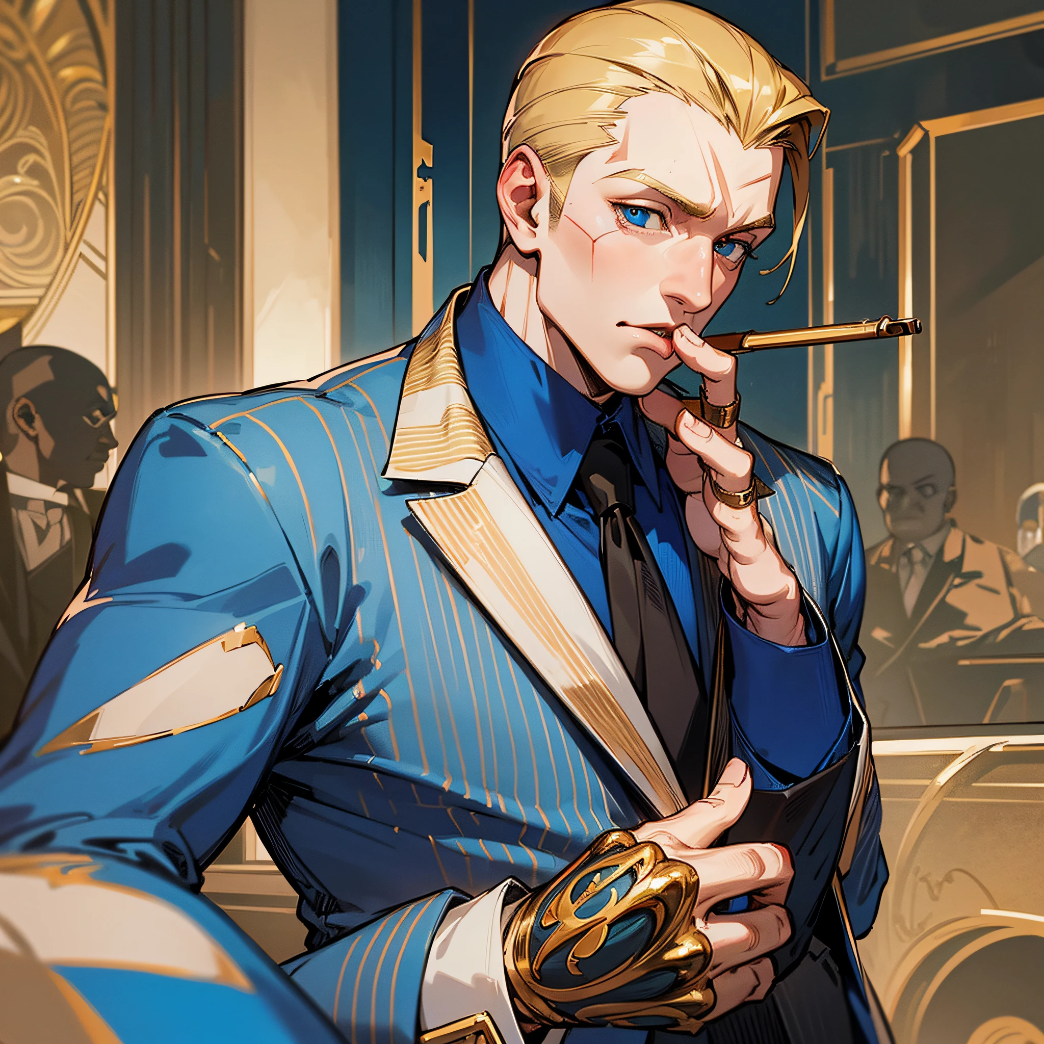 (character, unique person) Man, Mafioso, Super Villain, blue suit with dark blue stripes, blue Fedora, blonde hair, side of shaved head, blue eyes, vertical scar on right eye, Tommy gun on right hand, cigar in mouth, black gloves, gold and diamond rings on fingers, casino background, cloning super power, vodka bottle on left hand. (Super detailed image), (Grainy), (shading), (16k), (realistic), (anime theme) --auto --s2
