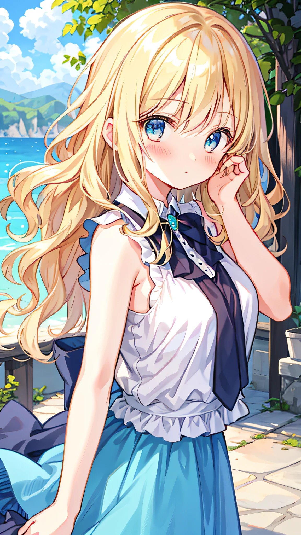 beautiful illustration, cute girl, upper body, blush, surprized, hand on own face, wavy hair, sleeveless, from side, breasts, outdoor, blond hair