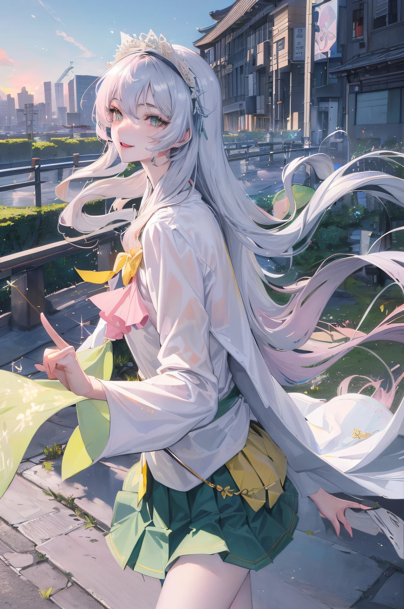 official art, masterpiece, sharp focus, (beautiful gorgeous cute korean woman:1.3), (beautiful cute korean:1.3), Korean beauty, delicate beautiful hair and eyes and face, realistic, super detailed, beautiful girl, blue sky, glowing white particles, (side light:1.2), sunlight, white clouds, detailed clouds, slender, cute girl, smile with teeth, ((smile with eyes, open eyes)), landscape, long straight hair, sexy facial expression, architecture, (City view: 1.7), Dynamic hair, Very long straight hair, Detailed platinum silver hair, Glowing green eyes, (pink pleated shirt + yellow skirt), White stockings, Pale skin, Hair accessories, Epic landscape,