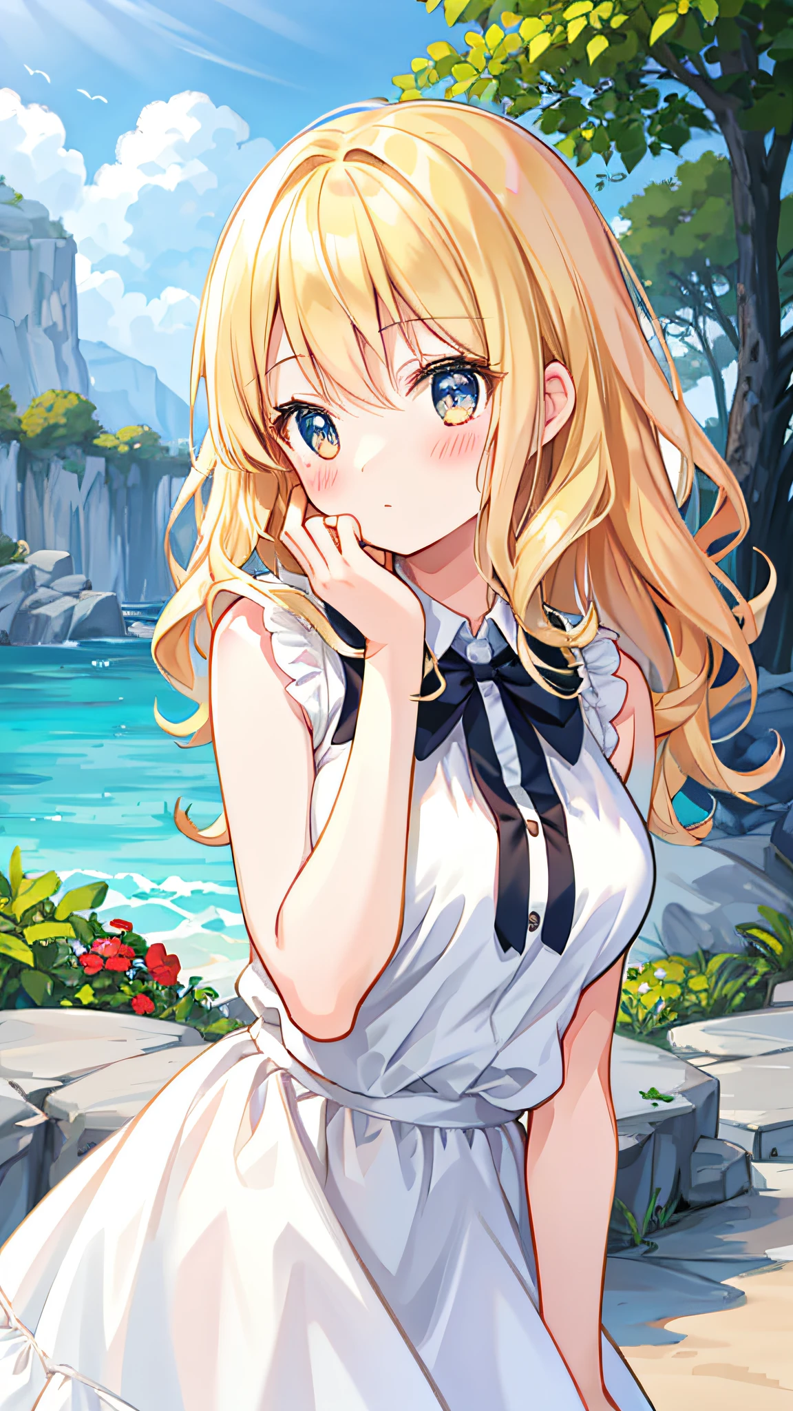 beautiful illustration, cute girl, upper body, blush, surprized, hand on own face, wavy hair, sleeveless, from side, breasts, outdoor, blond hair