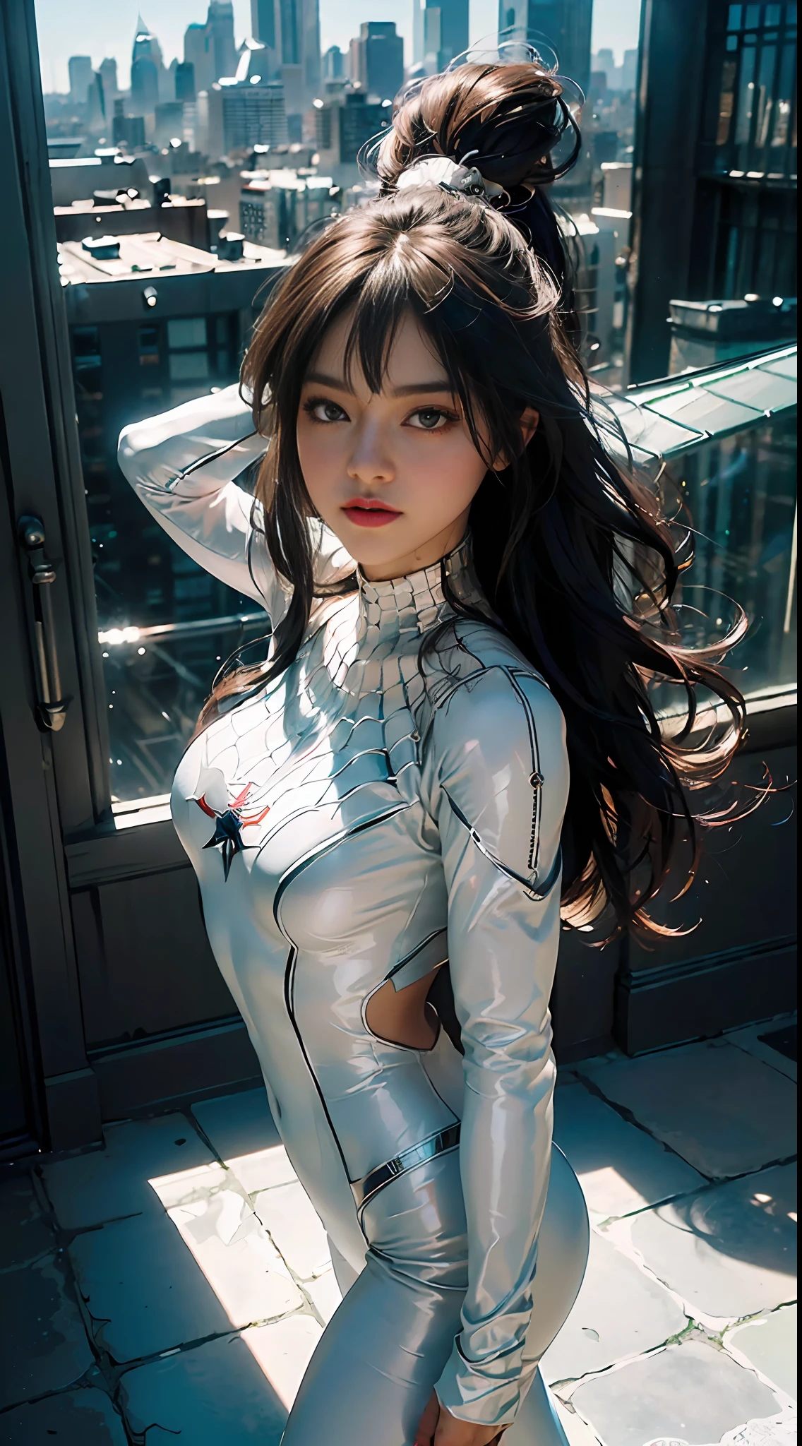 (Extreme Detail CG Unity 8K wallpaper, masterpiece, highest quality), (Exquisite lighting and shadow, highly dramatic graphics, Cinematic lens effect), (A girl in a white Spider-Man costume, from a parallel universe, city skyline in the background, dynamic pose), (excellent detail, outstanding lighting, wide angle), (excellent rendering, enough to stand out in its class)