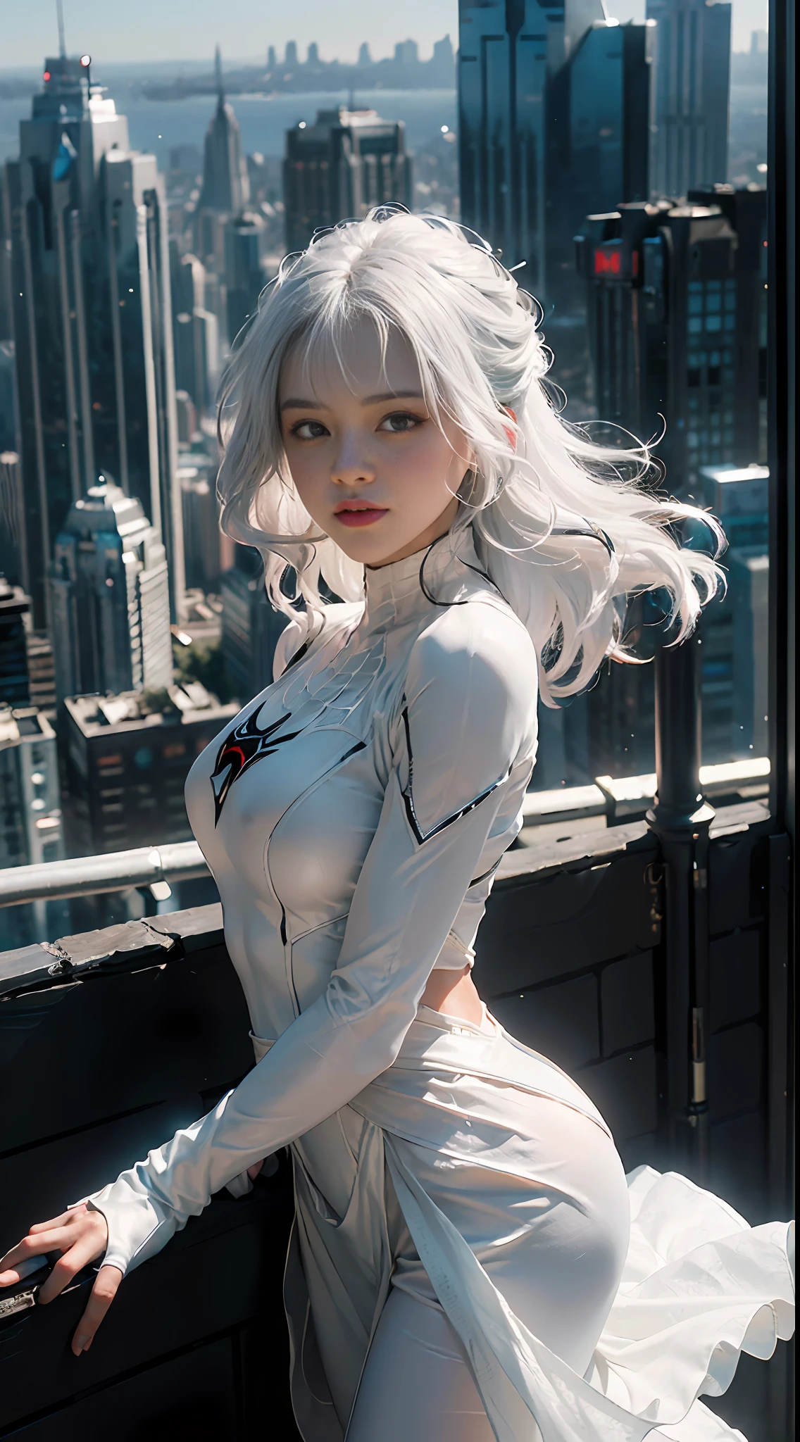 (Extreme Detail CG Unity 8K wallpaper, masterpiece, highest quality), (Exquisite lighting and shadow, highly dramatic graphics, Cinematic lens effect), (A girl in a white Spider-Man costume, from a parallel universe, city skyline in the background, dynamic pose), (excellent detail, outstanding lighting, wide angle), (excellent rendering, enough to stand out in its class)