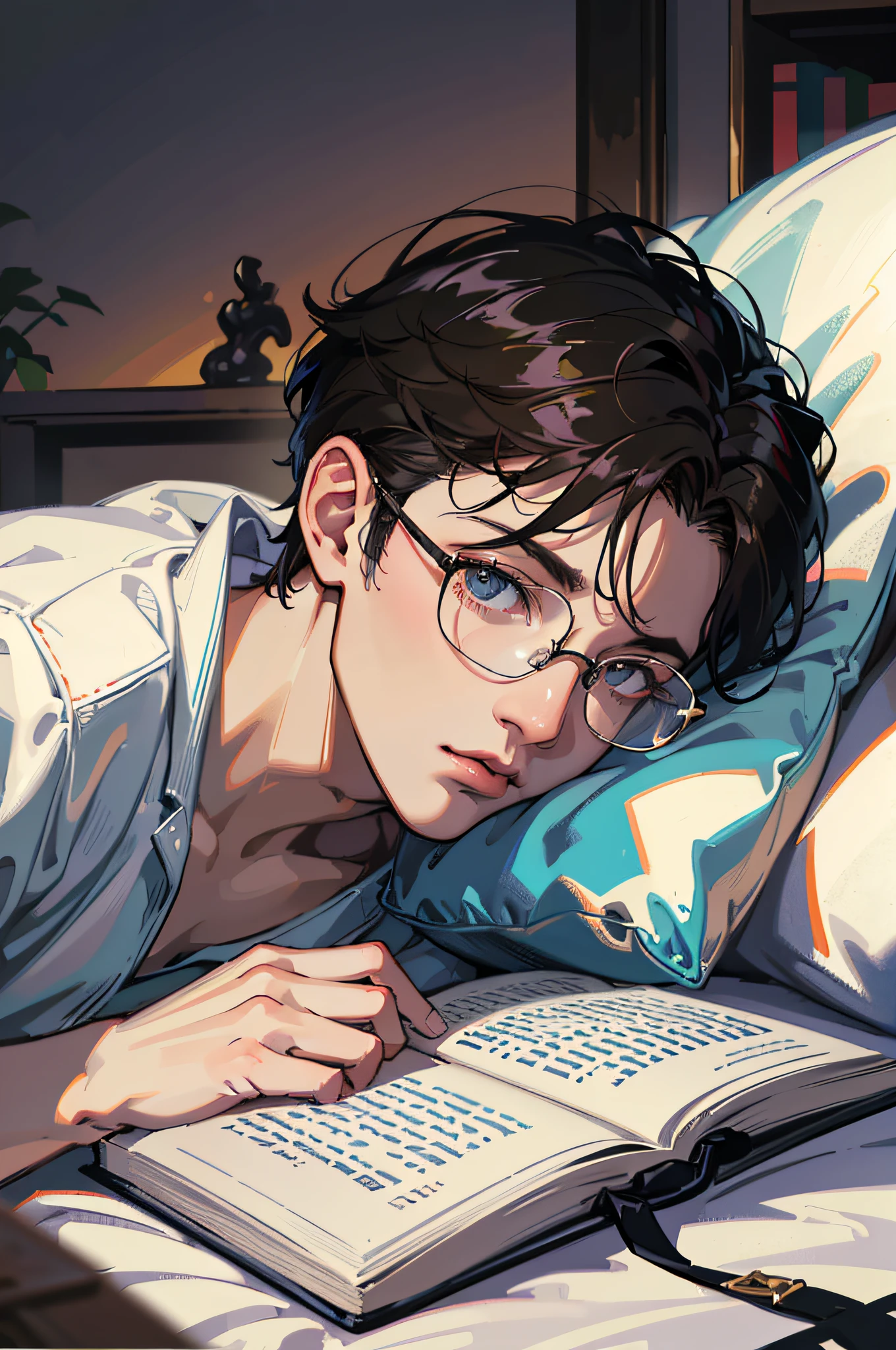 (absurdres, highres, ultra detailed), masterpiece, best quality, a boy in pajama laying in bed, reading book, solo, handsome, short hair, finely eye and detailed face, dark background, bedroom, glasses, resting on pillow, head on pillow, from side, look at viewer, full body view