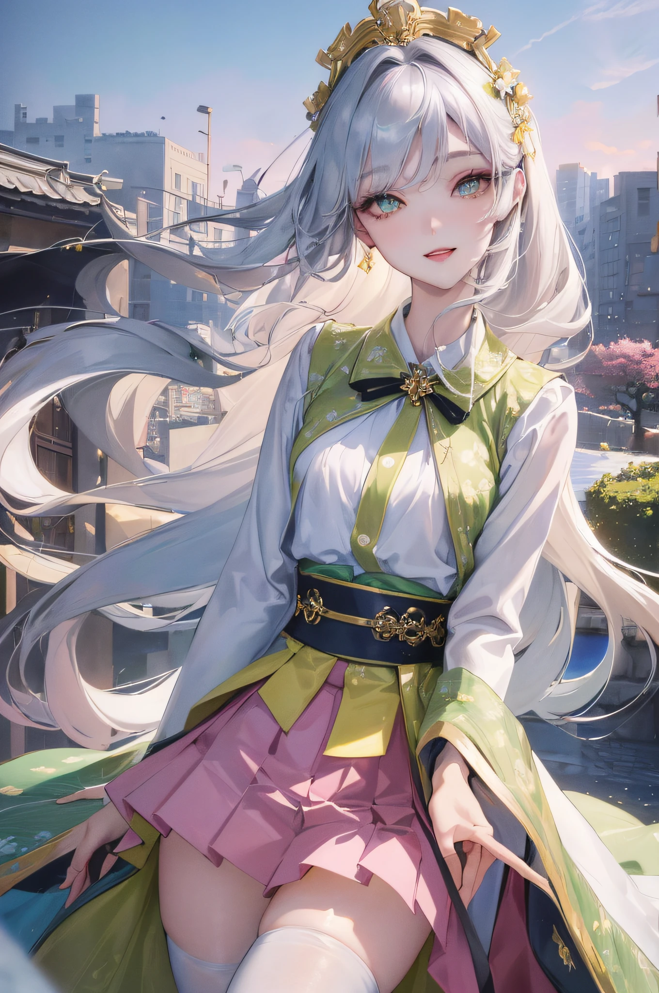 official art, masterpiece, sharp focus, (beautiful gorgeous cute korean woman:1.3), (beautiful cute korean:1.3), Korean beauty, delicate beautiful hair and eyes and face, realistic, super detailed, beautiful girl, blue sky, glowing white particles, (side light:1.2), sunlight, white clouds, detailed clouds, slender, cute girl, smile with teeth, ((smile with eyes, open eyes)), landscape, long straight hair, sexy facial expression, architecture, (City view: 1.7), Dynamic hair, Very long straight hair, Detailed platinum silver hair, Glowing green eyes, (pink pleated shirt + yellow skirt), White stockings, Pale skin, Hair accessories, Epic landscape,