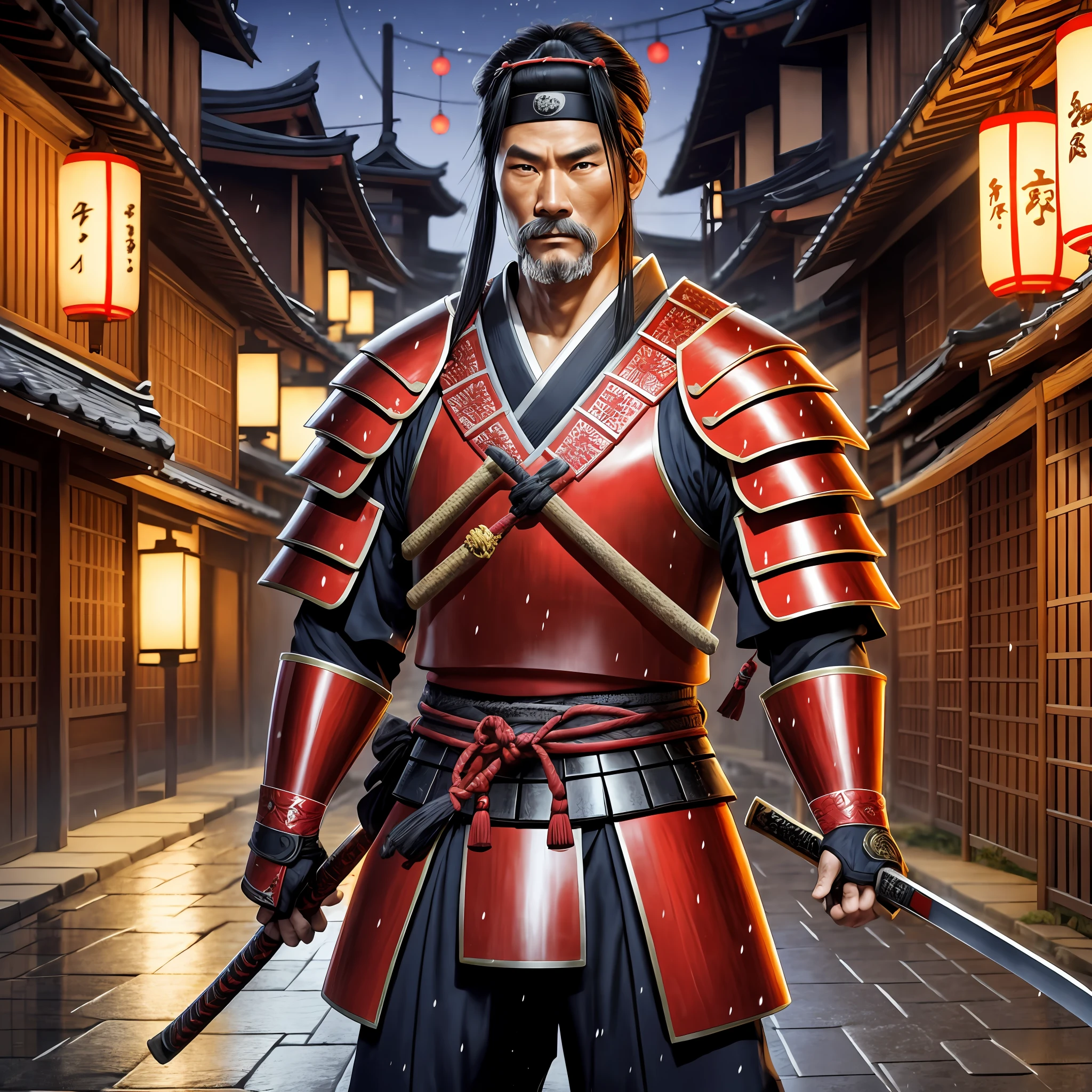 Samurai, middle age, tall, strong, wearing typical red armor, long katana in left hand, in typical feudal Japan town, night, ultra-realistic, wet street, lights of japanese lanterns, 8k --auto --s2