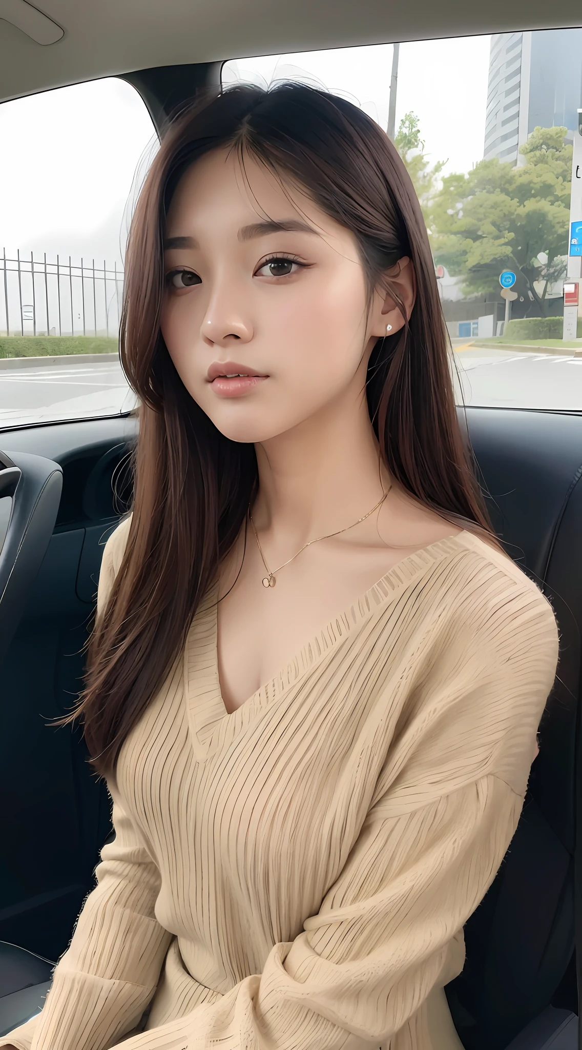 A woman sitting in a car in a sweater and skirt, gorgeous korean young woman, korean girl, beautiful korean young woman, beautiful korean woman, korean female fashion model, ulzzang, beautiful asian girl, cute korean actress, Jaeyeon Nam, Heonhwa Choe, long hair asian girl, charming neck, lee ji-eun, big breasts, cleavage